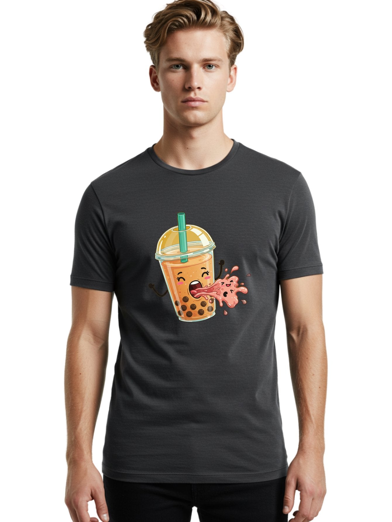 Boba-Face Men'S Graphic Tee, 100% Cotton, Comfortable Casual Summer Wear, Machine Washable, Cartoon Bubble Tea, Boba Drink, Spitting Tea, Cute Character, Funny Illustration, Kawaii Art, Tea Lover, Bubble Tea Lover, Straw, Boba, Milk Tea Bac647 22