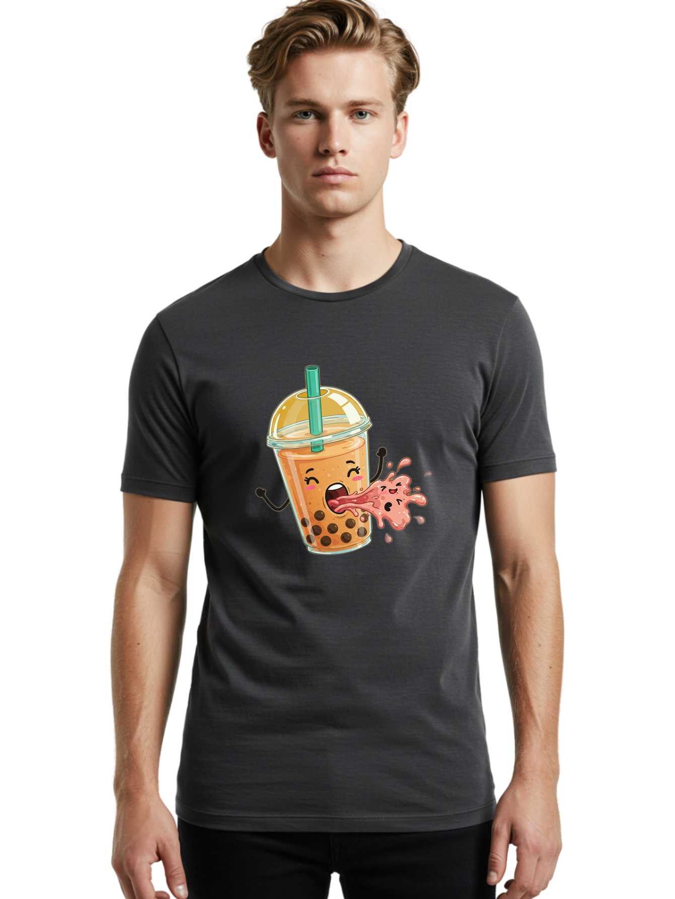 Boba-Face Men'S Graphic Tee, 100% Cotton, Comfortable Casual Summer Wear, Machine Washable, Cartoon Bubble Tea, Boba Drink, Spitting Tea, Cute Character, Funny Illustration, Kawaii Art, Tea Lover, Bubble Tea Lover, Straw, Boba, Milk Tea Bac647 24