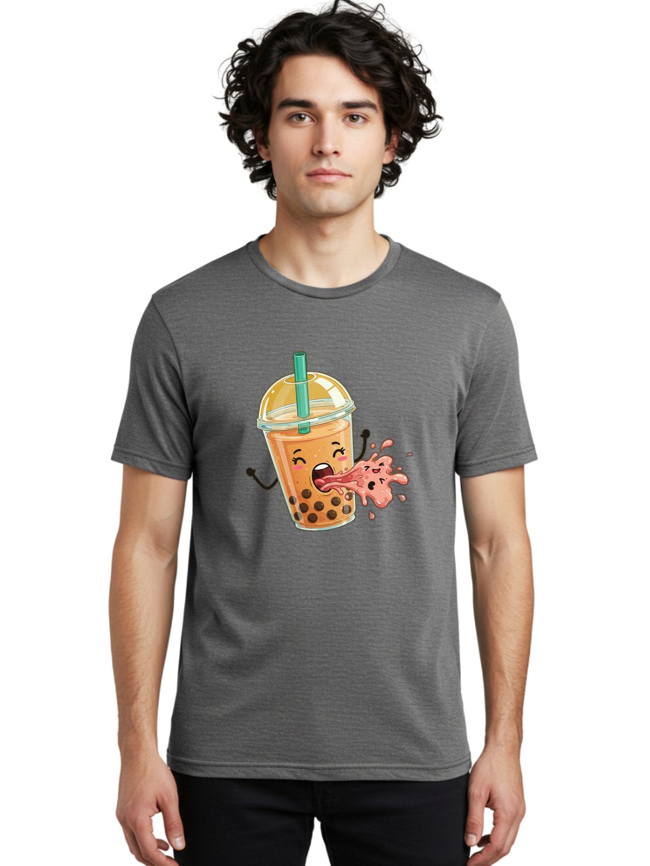 Boba-Face Men'S Graphic Tee, 100% Cotton, Comfortable Casual Summer Wear, Machine Washable, Cartoon Bubble Tea, Boba Drink, Spitting Tea, Cute Character, Funny Illustration, Kawaii Art, Tea Lover, Bubble Tea Lover, Straw, Boba, Milk Tea Bac647 21