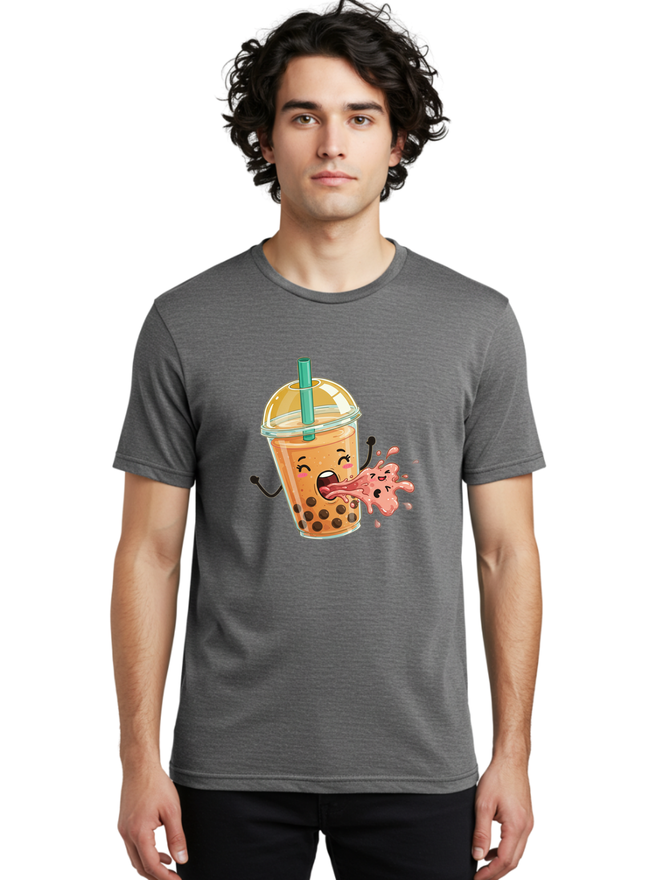 Boba-Face Men'S Graphic Tee, 100% Cotton, Comfortable Casual Summer Wear, Machine Washable, Cartoon Bubble Tea, Boba Drink, Spitting Tea, Cute Character, Funny Illustration, Kawaii Art, Tea Lover, Bubble Tea Lover, Straw, Boba, Milk Tea Bac647 25