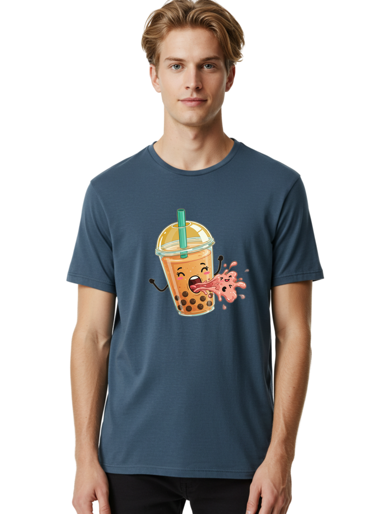 Boba-Face Men'S Graphic Tee, 100% Cotton, Comfortable Casual Summer Wear, Machine Washable, Cartoon Bubble Tea, Boba Drink, Spitting Tea, Cute Character, Funny Illustration, Kawaii Art, Tea Lover, Bubble Tea Lover, Straw, Boba, Milk Tea Bac647 17