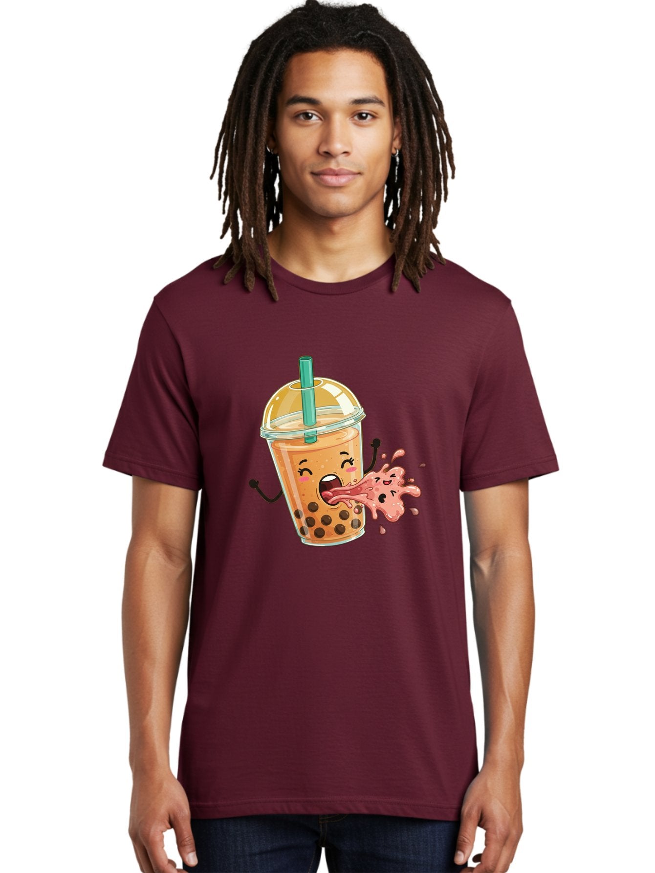 Boba-Face Men'S Graphic Tee, 100% Cotton, Comfortable Casual Summer Wear, Machine Washable, Cartoon Bubble Tea, Boba Drink, Spitting Tea, Cute Character, Funny Illustration, Kawaii Art, Tea Lover, Bubble Tea Lover, Straw, Boba, Milk Tea Bac647 23