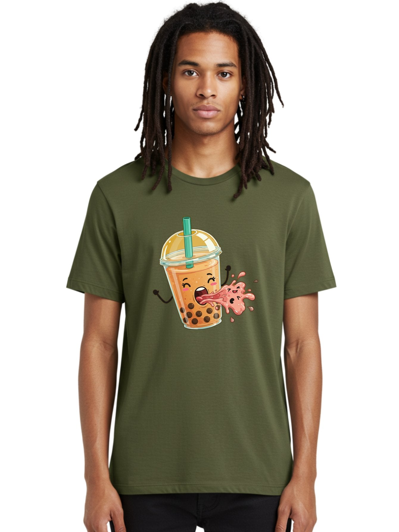 Boba-Face Men'S Graphic Tee, 100% Cotton, Comfortable Casual Summer Wear, Machine Washable, Cartoon Bubble Tea, Boba Drink, Spitting Tea, Cute Character, Funny Illustration, Kawaii Art, Tea Lover, Bubble Tea Lover, Straw, Boba, Milk Tea Bac647 16