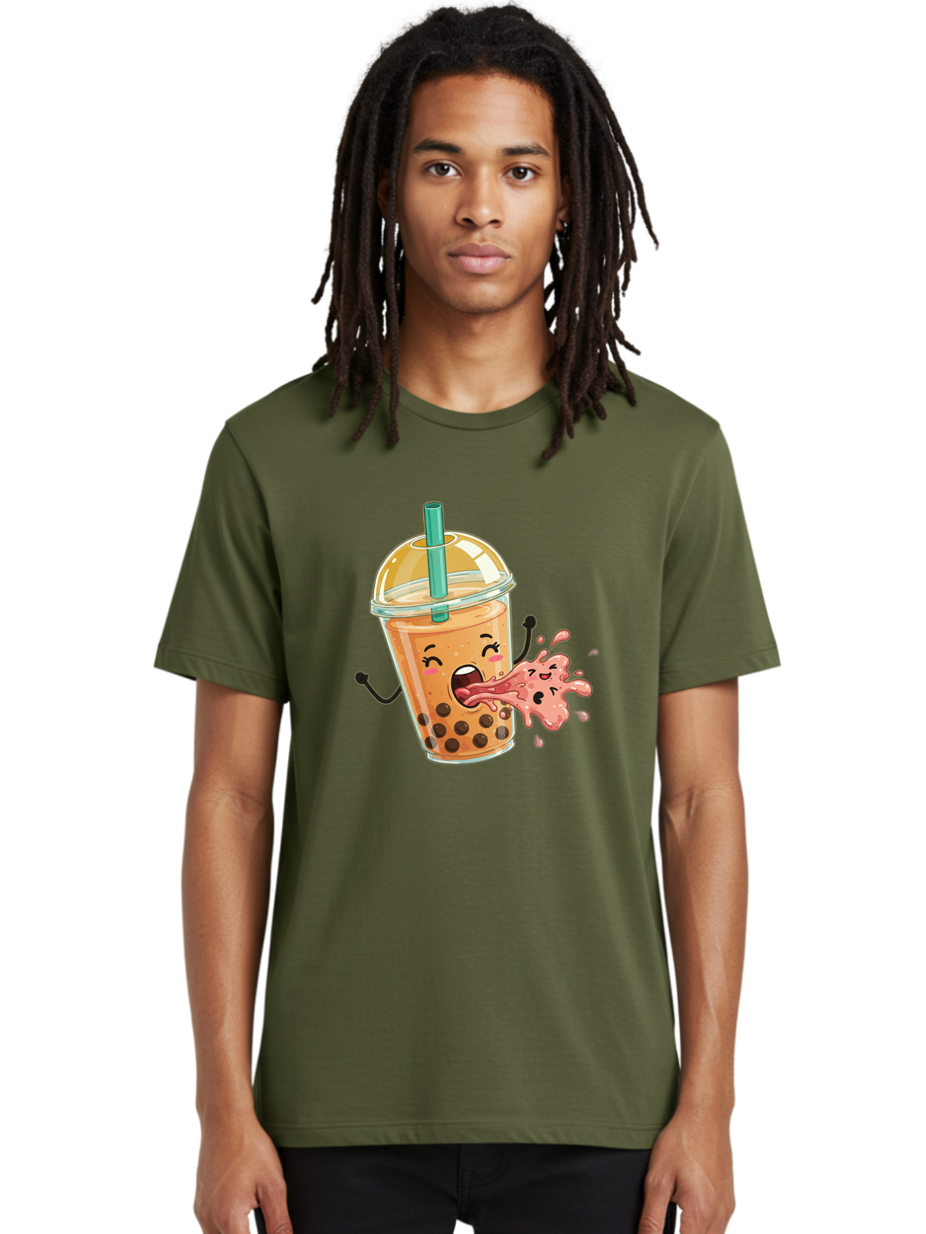 Boba-Face Men'S Graphic Tee, 100% Cotton, Comfortable Casual Summer Wear, Machine Washable, Cartoon Bubble Tea, Boba Drink, Spitting Tea, Cute Character, Funny Illustration, Kawaii Art, Tea Lover, Bubble Tea Lover, Straw, Boba, Milk Tea Bac647 28
