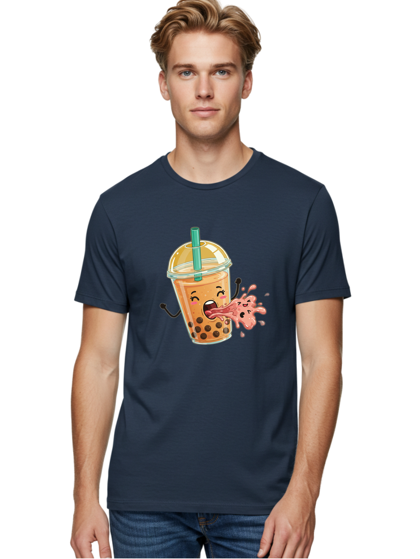 Boba-Face Men'S Graphic Tee, 100% Cotton, Comfortable Casual Summer Wear, Machine Washable, Cartoon Bubble Tea, Boba Drink, Spitting Tea, Cute Character, Funny Illustration, Kawaii Art, Tea Lover, Bubble Tea Lover, Straw, Boba, Milk Tea Bac647 19