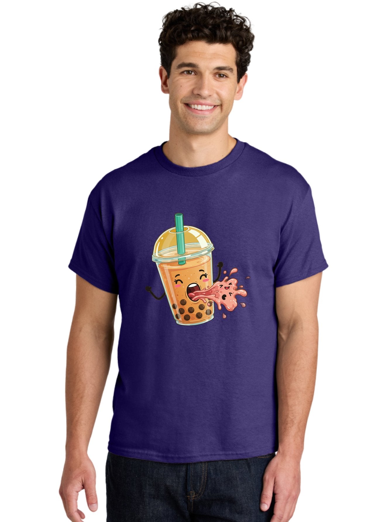Boba-Face Men'S Graphic Tee, 100% Cotton, Comfortable Casual Summer Wear, Machine Washable, Cartoon Bubble Tea, Boba Drink, Spitting Tea, Cute Character, Funny Illustration, Kawaii Art, Tea Lover, Bubble Tea Lover, Straw, Boba, Milk Tea Bac647 19