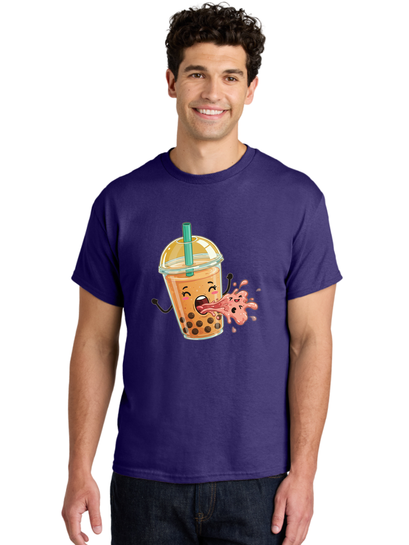 Boba-Face Men'S Graphic Tee, 100% Cotton, Comfortable Casual Summer Wear, Machine Washable, Cartoon Bubble Tea, Boba Drink, Spitting Tea, Cute Character, Funny Illustration, Kawaii Art, Tea Lover, Bubble Tea Lover, Straw, Boba, Milk Tea Bac647 26