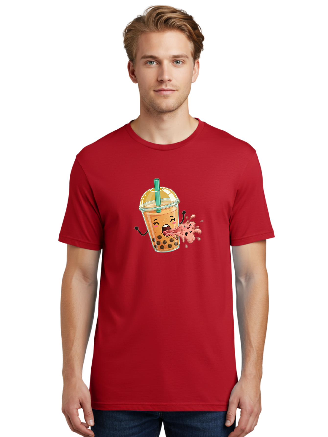 Boba-Face Men'S Graphic Tee, 100% Cotton, Comfortable Casual Summer Wear, Machine Washable, Cartoon Bubble Tea, Boba Drink, Spitting Tea, Cute Character, Funny Illustration, Kawaii Art, Tea Lover, Bubble Tea Lover, Straw, Boba, Milk Tea Bac647 30