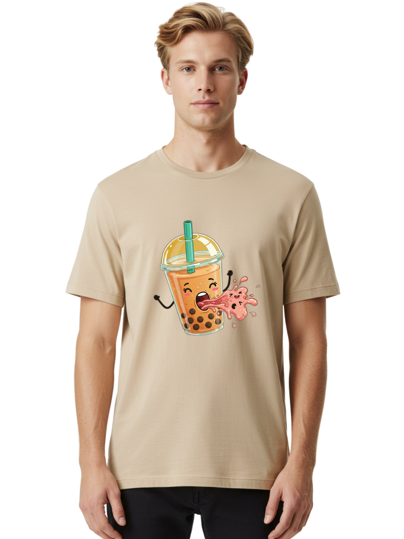 Boba-Face Men'S Graphic Tee, 100% Cotton, Comfortable Casual Summer Wear, Machine Washable, Cartoon Bubble Tea, Boba Drink, Spitting Tea, Cute Character, Funny Illustration, Kawaii Art, Tea Lover, Bubble Tea Lover, Straw, Boba, Milk Tea Bac647 18