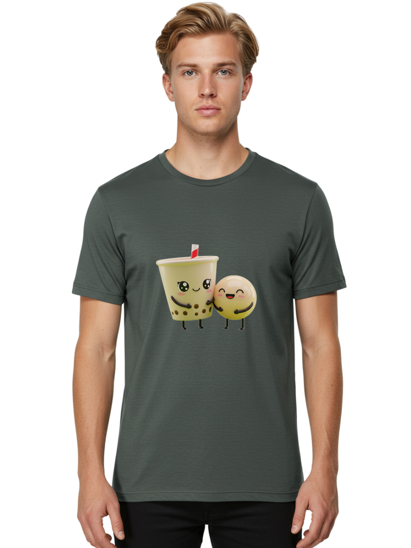 Boba-Friends Men'S Graphic Tee, 100% Cotton, Comfortable Casual Summer Wear, Machine Washable, Boba Tea, Milk Tea, Cartoon Characters, Smiling Faces, Happy Boba, Tea Lovers, Bubble Tea, Cute Illustrations, Friendly Duo, Bubble Tea Culture, Bac648 24