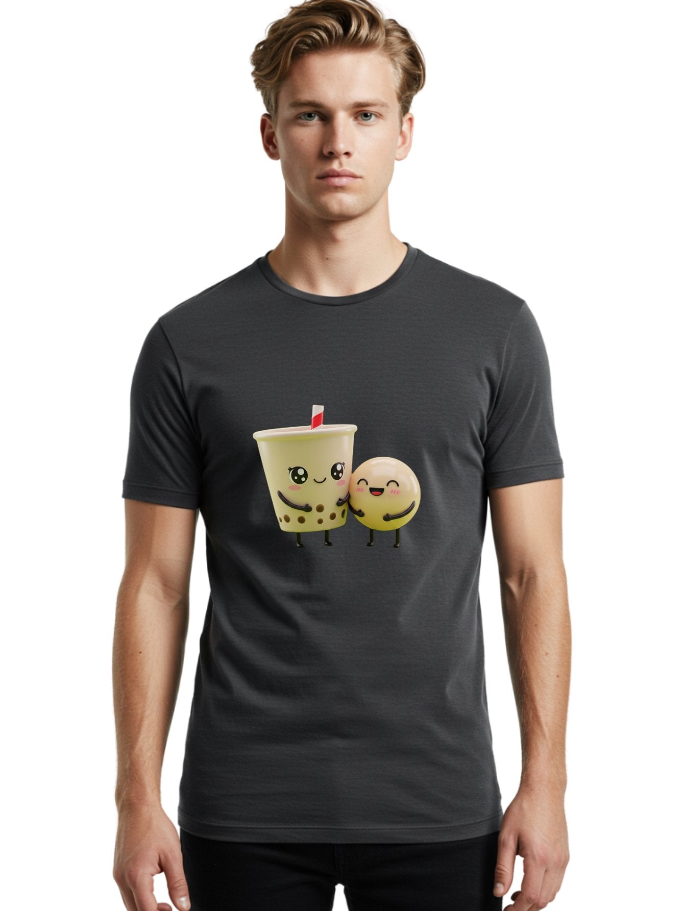 Boba-Friends Men'S Graphic Tee, 100% Cotton, Comfortable Casual Summer Wear, Machine Washable, Boba Tea, Milk Tea, Cartoon Characters, Smiling Faces, Happy Boba, Tea Lovers, Bubble Tea, Cute Illustrations, Friendly Duo, Bubble Tea Culture, Bac648 28
