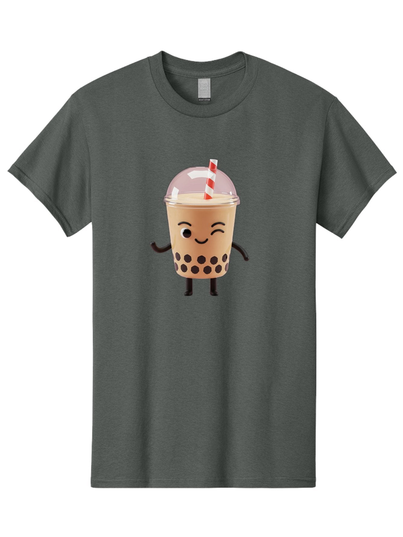 Boba-Tea-16 Men'S Graphic Tee, 100% Cotton, Comfortable Casual Summer Wear, Machine Washable, Boba Tea, Milk Tea, Bubble Tea, Cartoon Character, Smiling Face, Black Bobas, Red And White Straw, Tea Cup Bac657