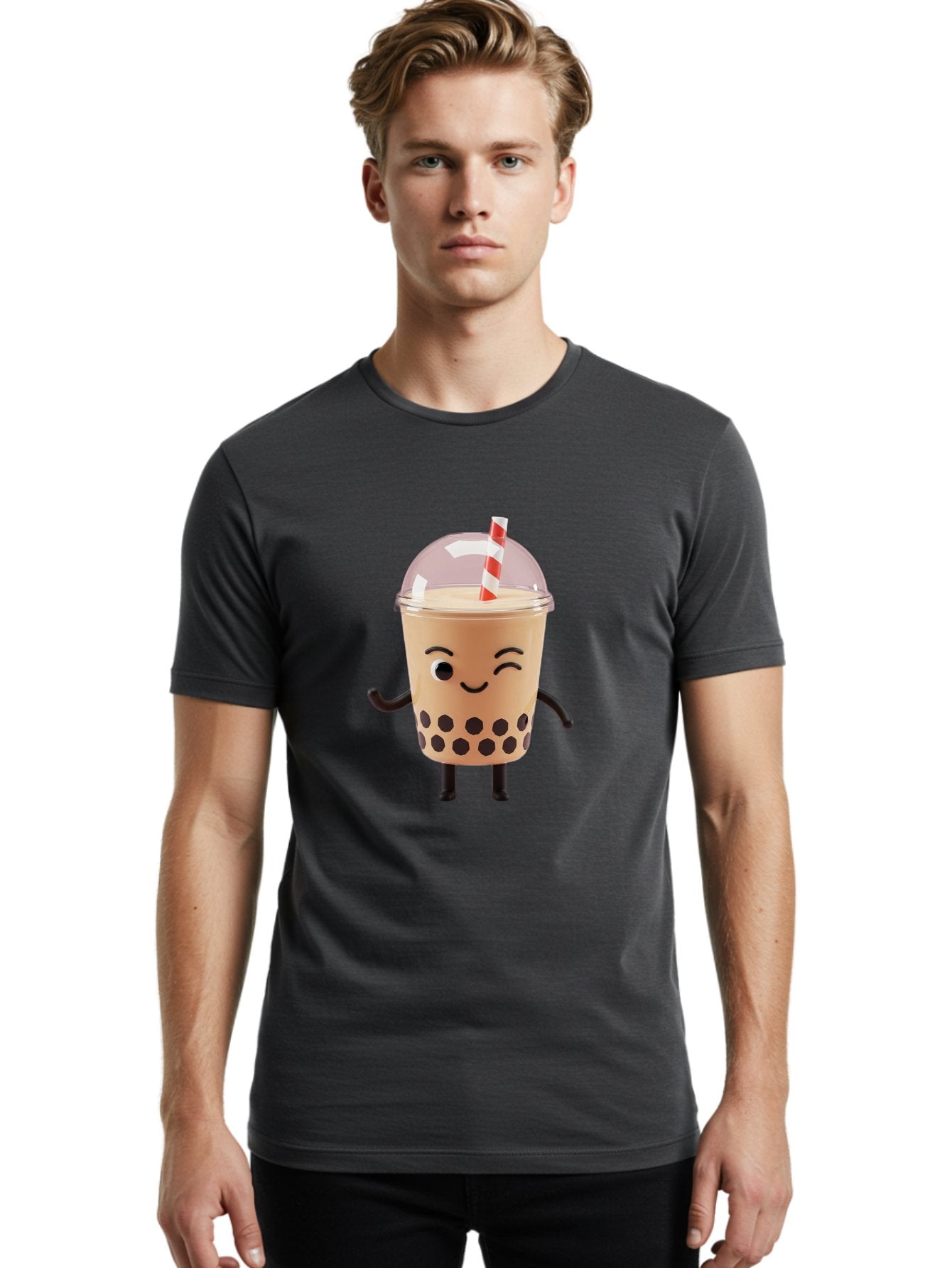 Boba-Tea-16 Men'S Graphic Tee, 100% Cotton, Comfortable Casual Summer Wear, Machine Washable, Boba Tea, Milk Tea, Bubble Tea, Cartoon Character, Smiling Face, Black Bobas, Red And White Straw, Tea Cup Bac657 23