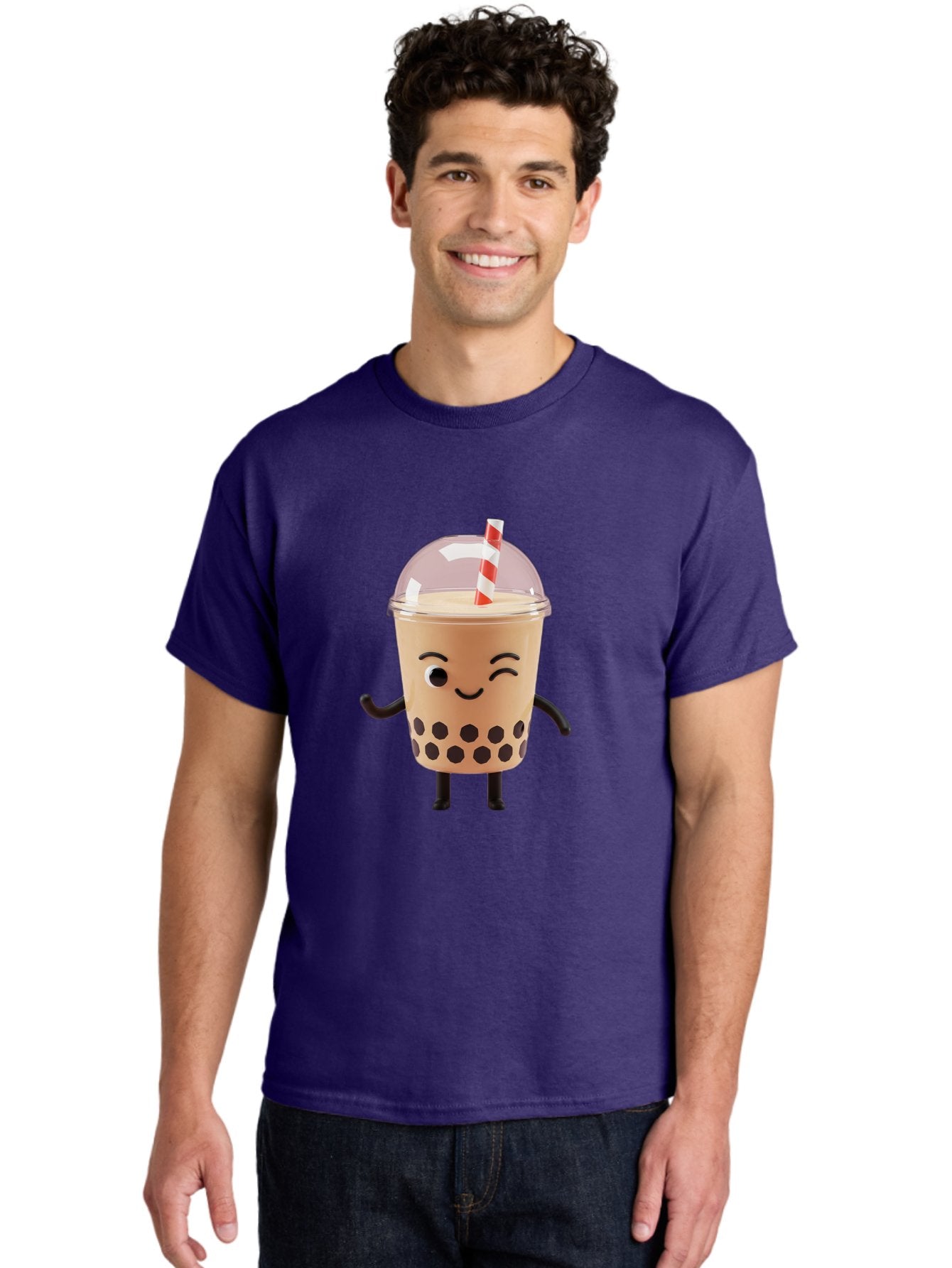 Boba-Tea-16 Men'S Graphic Tee, 100% Cotton, Comfortable Casual Summer Wear, Machine Washable, Boba Tea, Milk Tea, Bubble Tea, Cartoon Character, Smiling Face, Black Bobas, Red And White Straw, Tea Cup Bac657 16