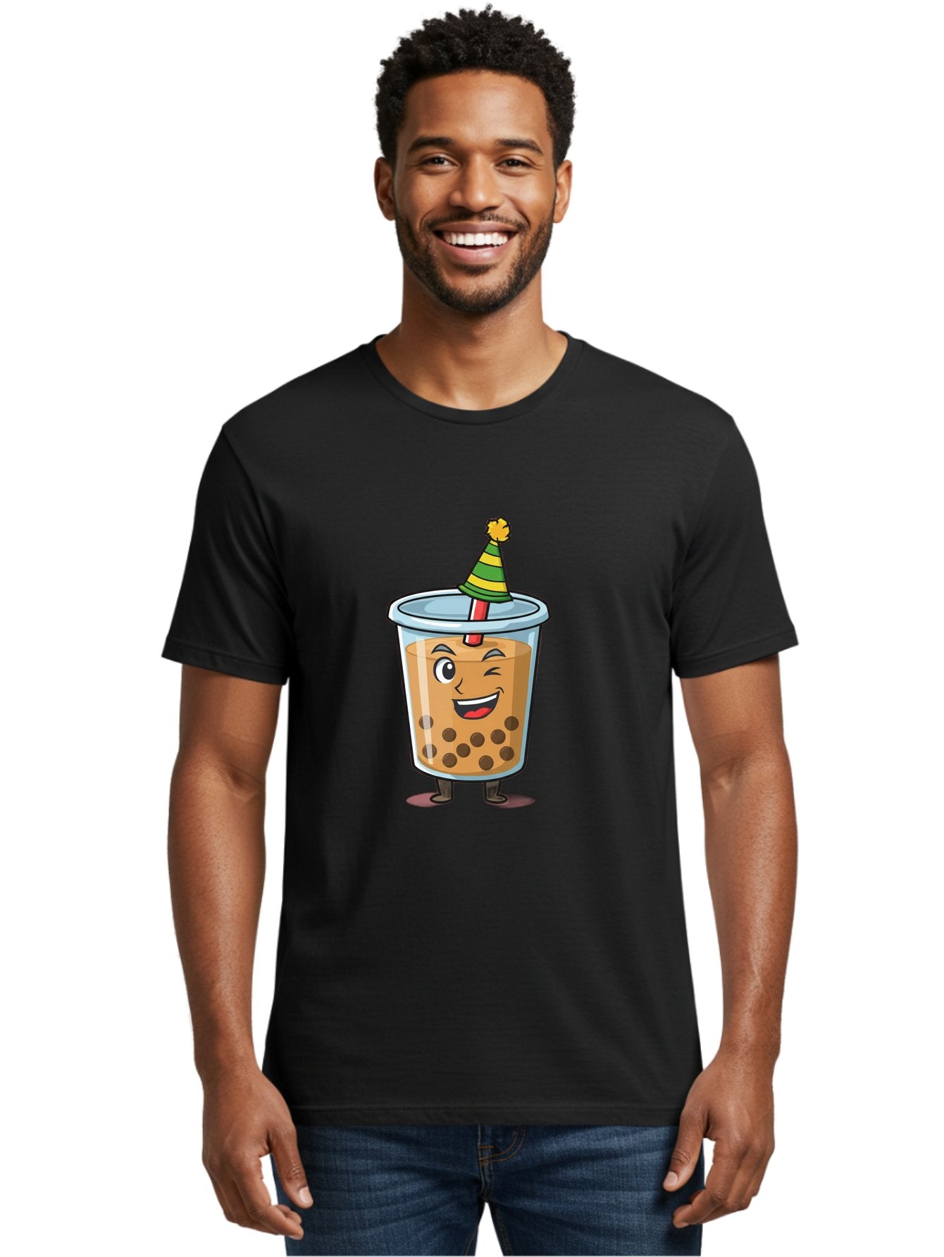 Boba-Tea-17 Men'S Graphic Tee, 100% Cotton, Comfortable Casual Summer Wear, Machine Washable, Cartoon Bubble Tea, Party Hat, Festive Boba, Smiling Drink, Fun Beverage, Animated Character, Cute Boba Tea Bac658 29