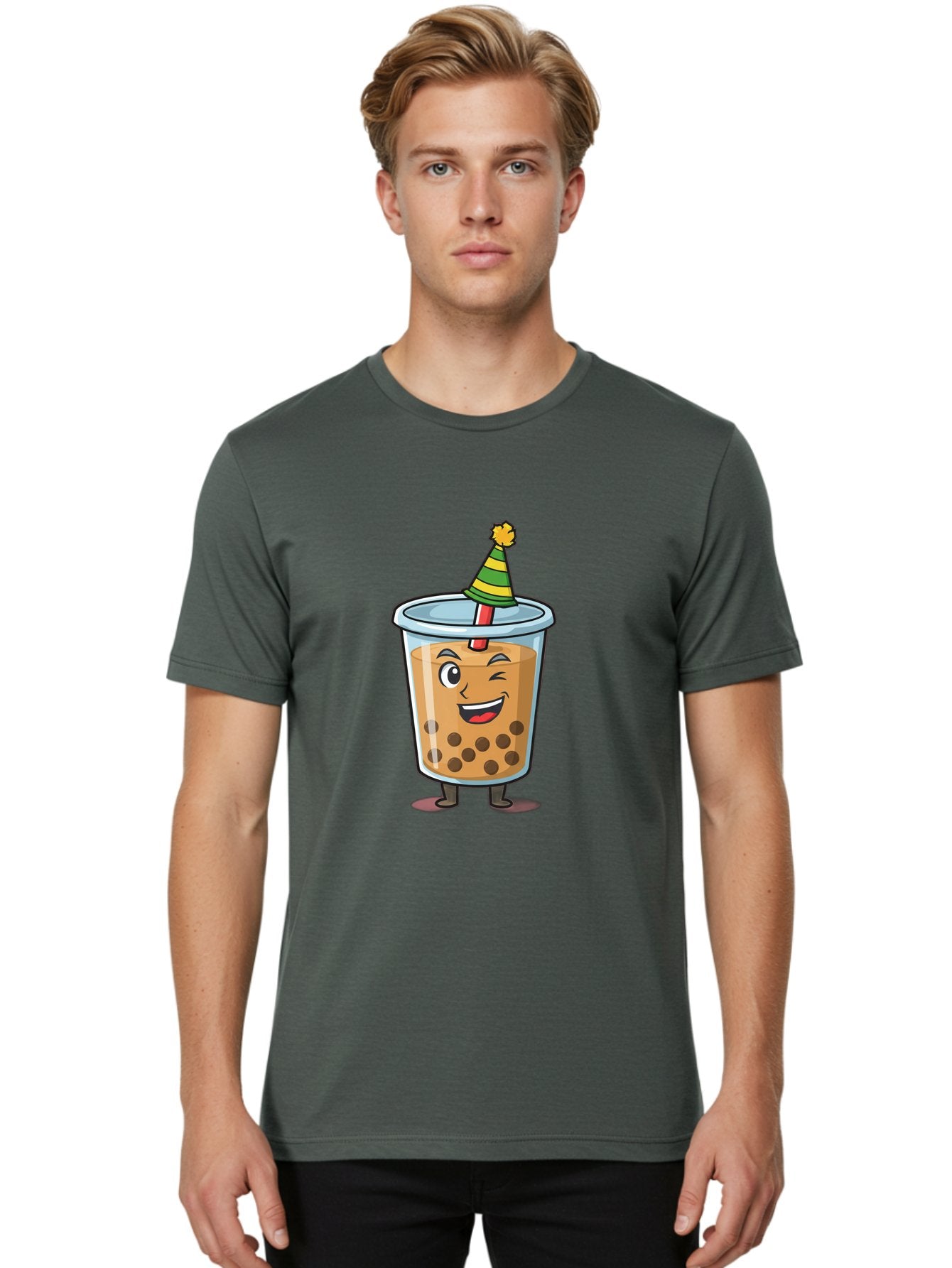 Boba-Tea-17 Men'S Graphic Tee, 100% Cotton, Comfortable Casual Summer Wear, Machine Washable, Cartoon Bubble Tea, Party Hat, Festive Boba, Smiling Drink, Fun Beverage, Animated Character, Cute Boba Tea Bac658 22