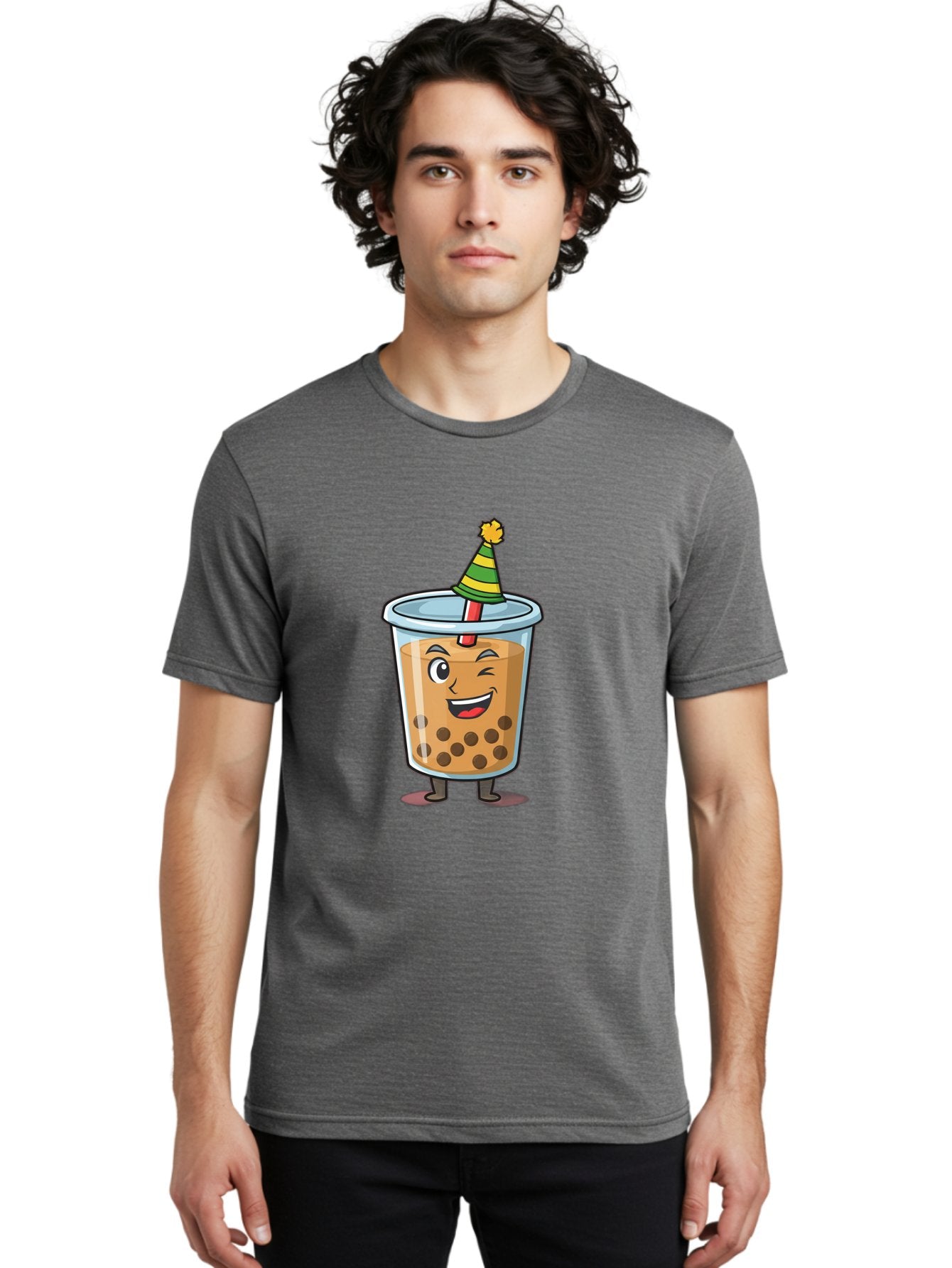 Boba-Tea-17 Men'S Graphic Tee, 100% Cotton, Comfortable Casual Summer Wear, Machine Washable, Cartoon Bubble Tea, Party Hat, Festive Boba, Smiling Drink, Fun Beverage, Animated Character, Cute Boba Tea Bac658 23