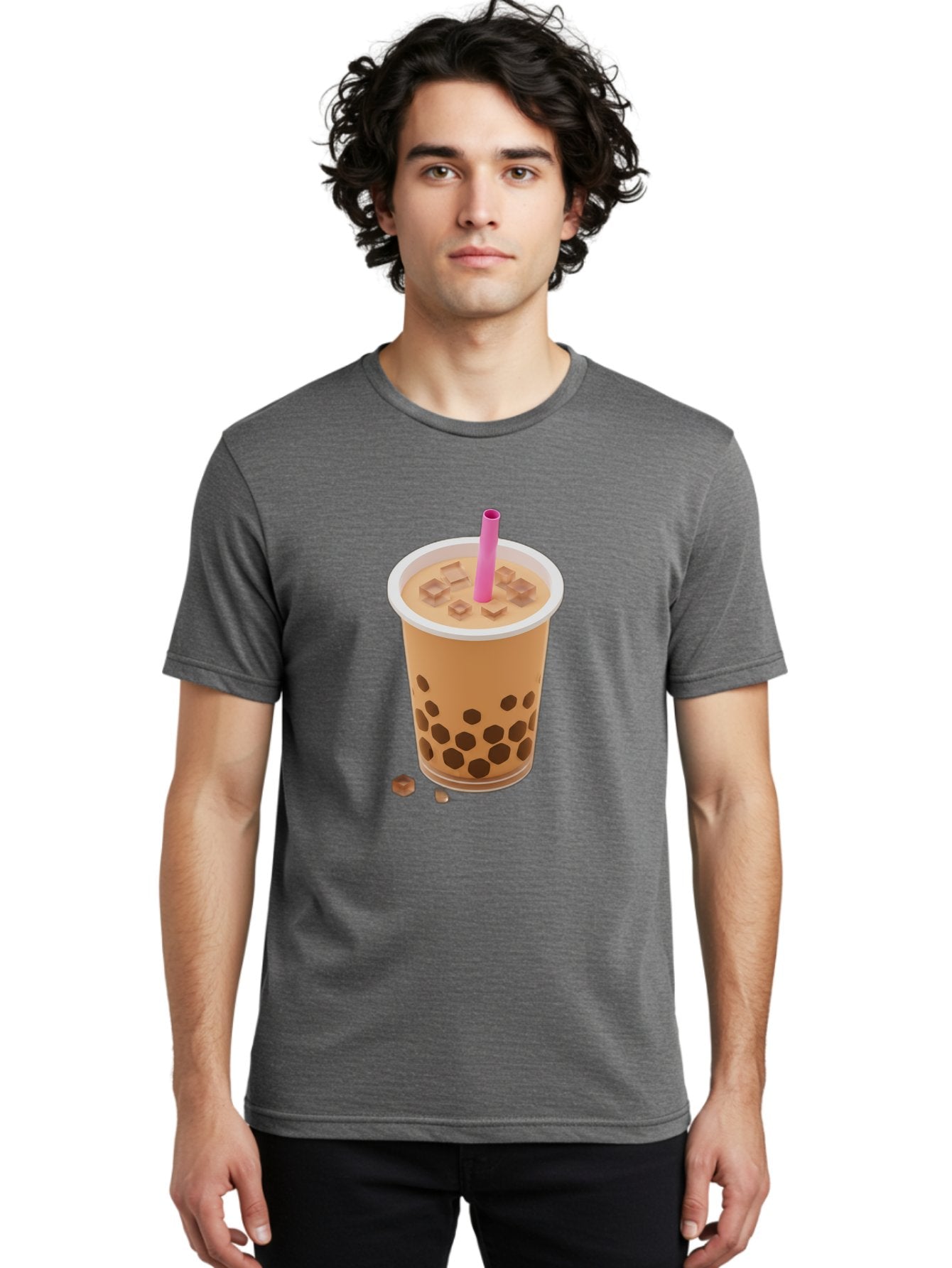 Boba-Tea-4 Men'S Graphic Tee, 100% Cotton, Comfortable Casual Summer Wear, Machine Washable, Boba Milk Tea, Bubble Tea, Milktea, Tapioca Pearls, Coffee Drink, Tea Beverage, Pink Straw, Brown Cubes, Trendy Drink, Refreshing Beverage, Bac662 18