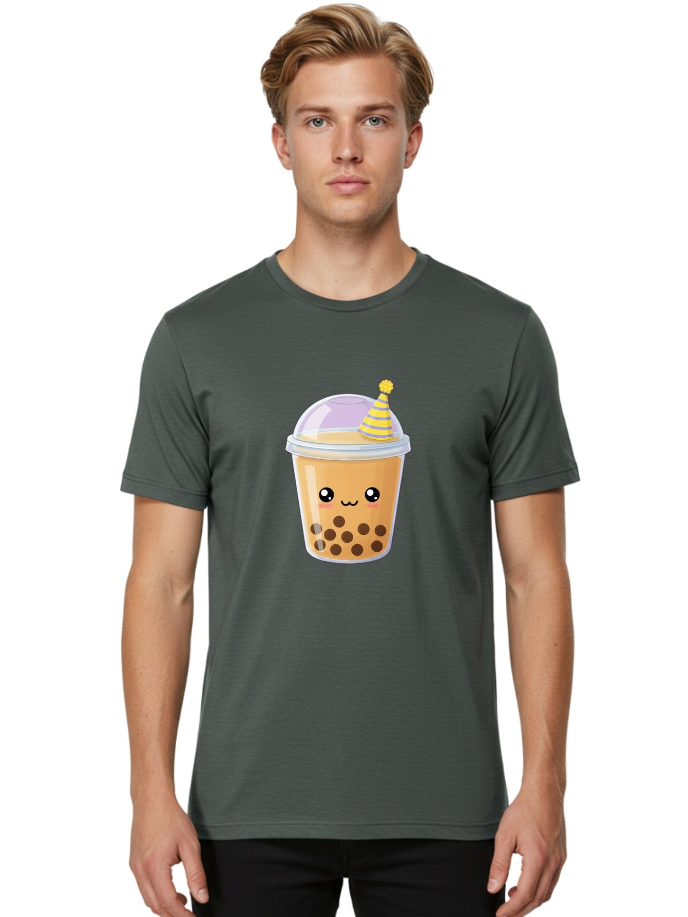 Boba-Tea-6 Men'S Graphic Tee, 100% Cotton, Comfortable Casual Summer Wear, Machine Washable, Bubble Tea, Boba Drink, Cartoon Character, Party Hat, Smiling Face, Tea Bubbles, Festive Drink, Cute Illustration, Kawaii Culture Bac664 24