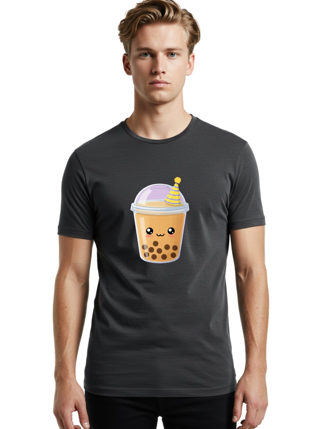 Boba-Tea-6 Men'S Graphic Tee, 100% Cotton, Comfortable Casual Summer Wear, Machine Washable, Bubble Tea, Boba Drink, Cartoon Character, Party Hat, Smiling Face, Tea Bubbles, Festive Drink, Cute Illustration, Kawaii Culture Bac664 27