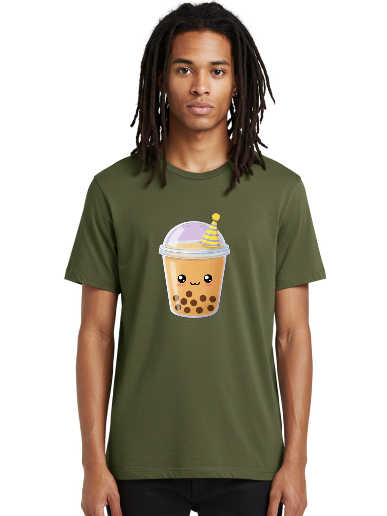 Boba-Tea-6 Men'S Graphic Tee, 100% Cotton, Comfortable Casual Summer Wear, Machine Washable, Bubble Tea, Boba Drink, Cartoon Character, Party Hat, Smiling Face, Tea Bubbles, Festive Drink, Cute Illustration, Kawaii Culture Bac664 30