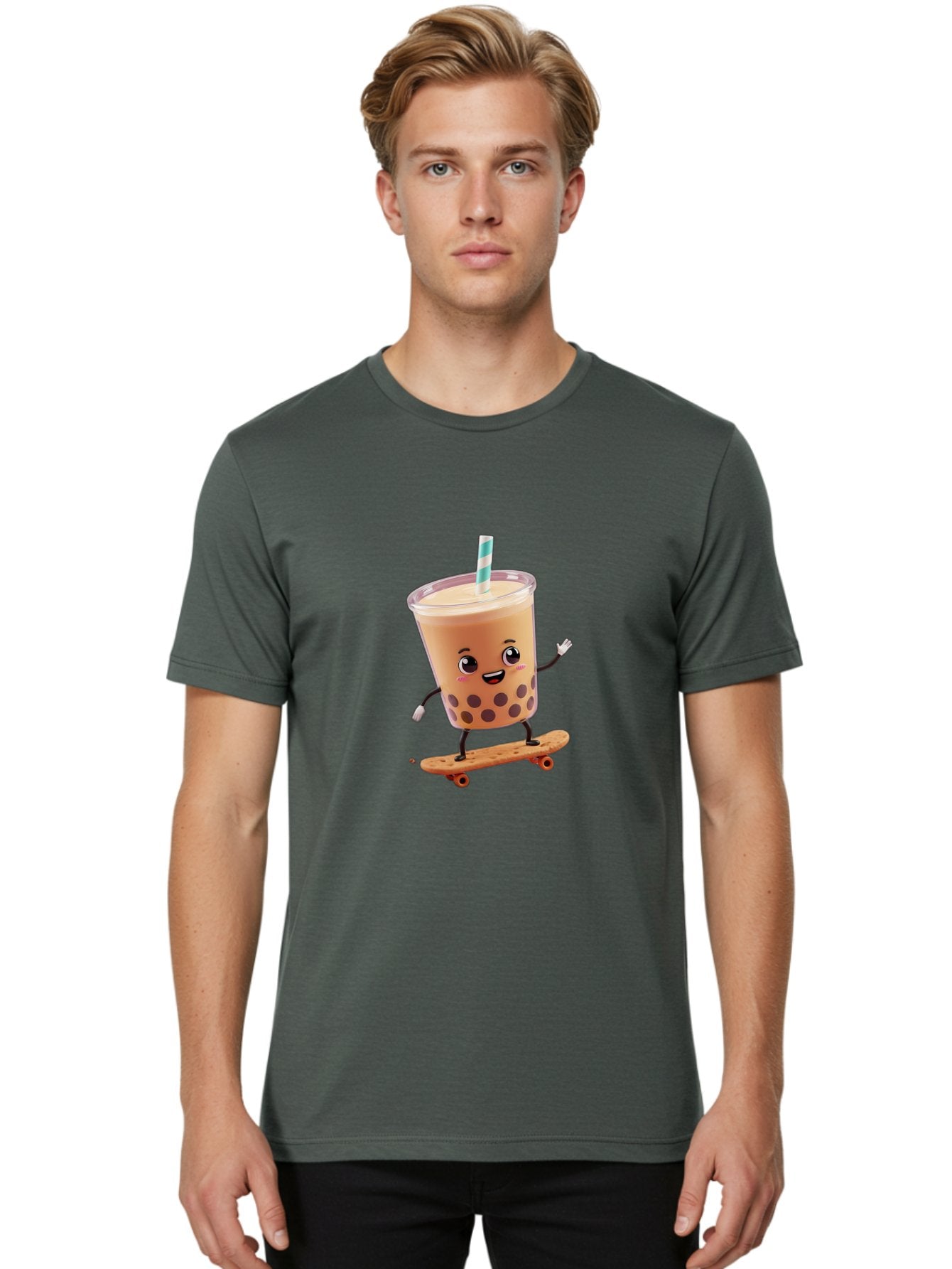 Boba-Tea-7 Men'S Graphic Tee, 100% Cotton, Comfortable Casual Summer Wear, Machine Washable, Boba Tea, Cartoon Character, Skateboarding, Fun Beverage, Playful Drink, Milk Tea, Tapioca Pearls, Smiling Face, Straw, Action Pose, Bac665 27