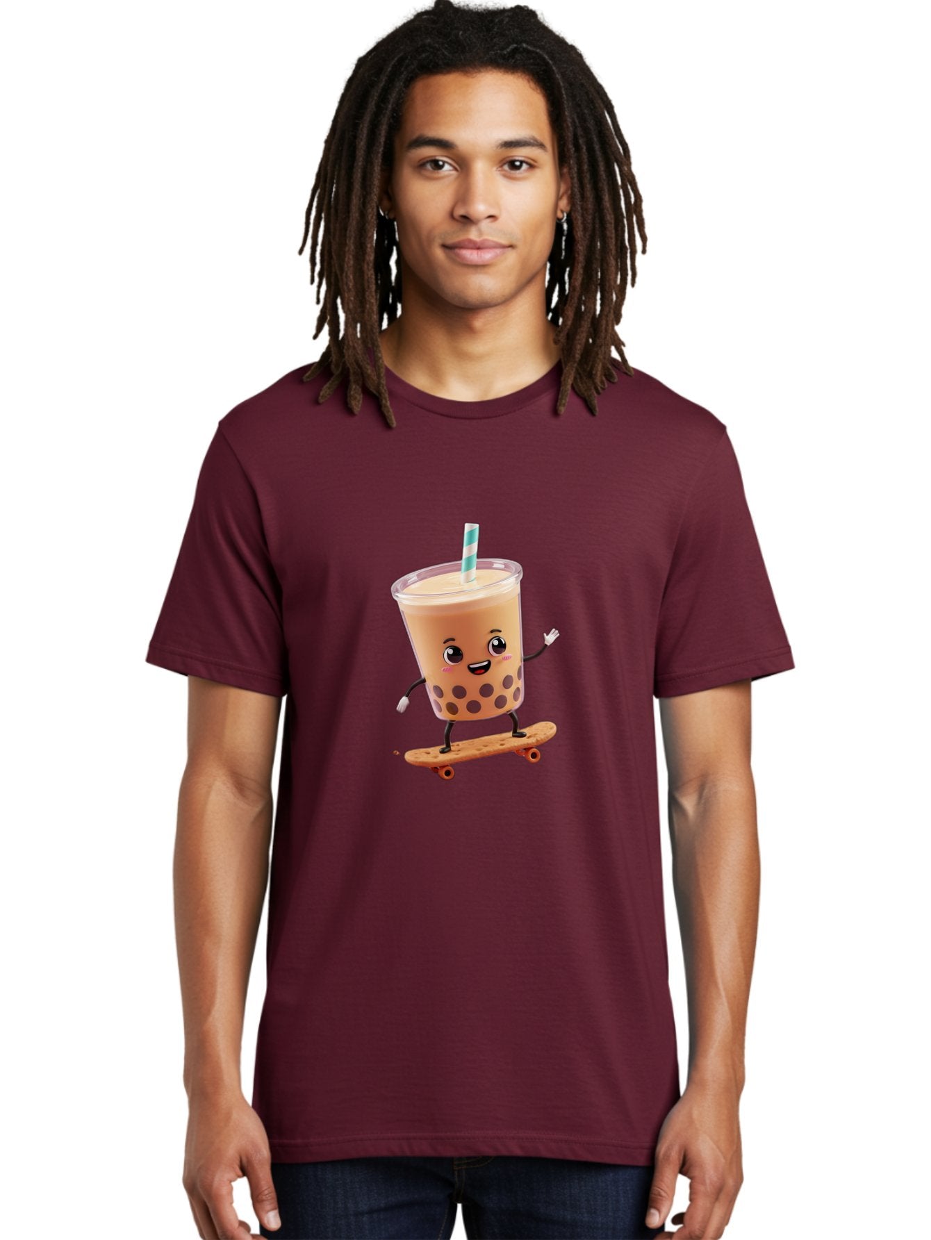 Boba-Tea-7 Men'S Graphic Tee, 100% Cotton, Comfortable Casual Summer Wear, Machine Washable, Boba Tea, Cartoon Character, Skateboarding, Fun Beverage, Playful Drink, Milk Tea, Tapioca Pearls, Smiling Face, Straw, Action Pose, Bac665 19