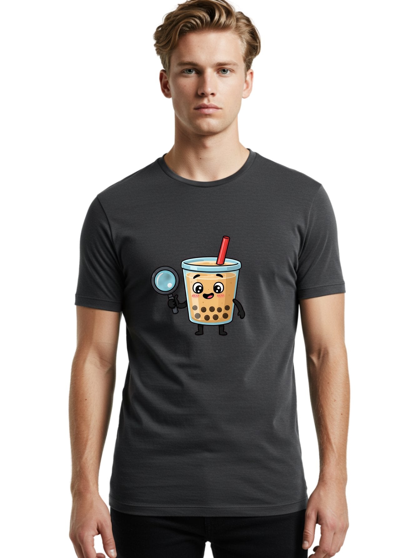 Boba-Tea-8 Men'S Graphic Tee, 100% Cotton, Comfortable Casual Summer Wear, Machine Washable, Boba Tea Character, Cartoon Bubble Tea, Kawaii Boba, Magnifying Glass, Detective Tea, Cute Drink, Bubble Tea Mascot, Tea With Straw, Bac666 16