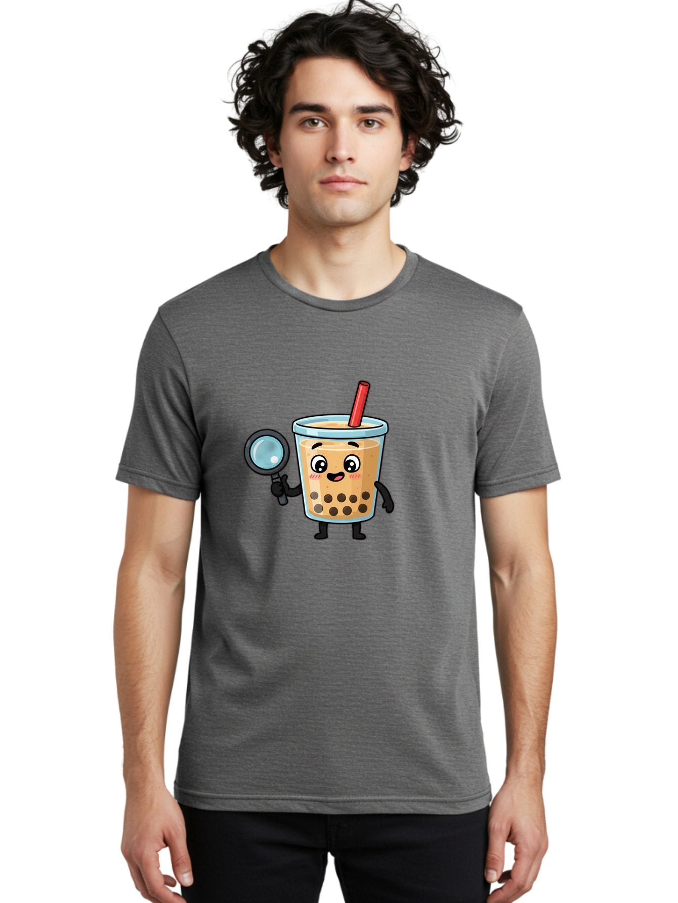 Boba-Tea-8 Men'S Graphic Tee, 100% Cotton, Comfortable Casual Summer Wear, Machine Washable, Boba Tea Character, Cartoon Bubble Tea, Kawaii Boba, Magnifying Glass, Detective Tea, Cute Drink, Bubble Tea Mascot, Tea With Straw, Bac666 19