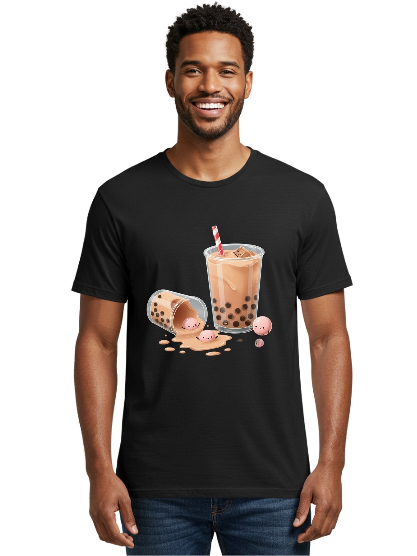 Boba-Tea-9 Men'S Graphic Tee, 100% Cotton, Comfortable Casual Summer Wear, Machine Washable, Boba Tea, Milk Tea, Bubble Tea, Tea Drink, Straw, Tapioca Pearls, Spilled Drink, Kawaii, Cute, Cartoon, Smiling Boba Bac667 28