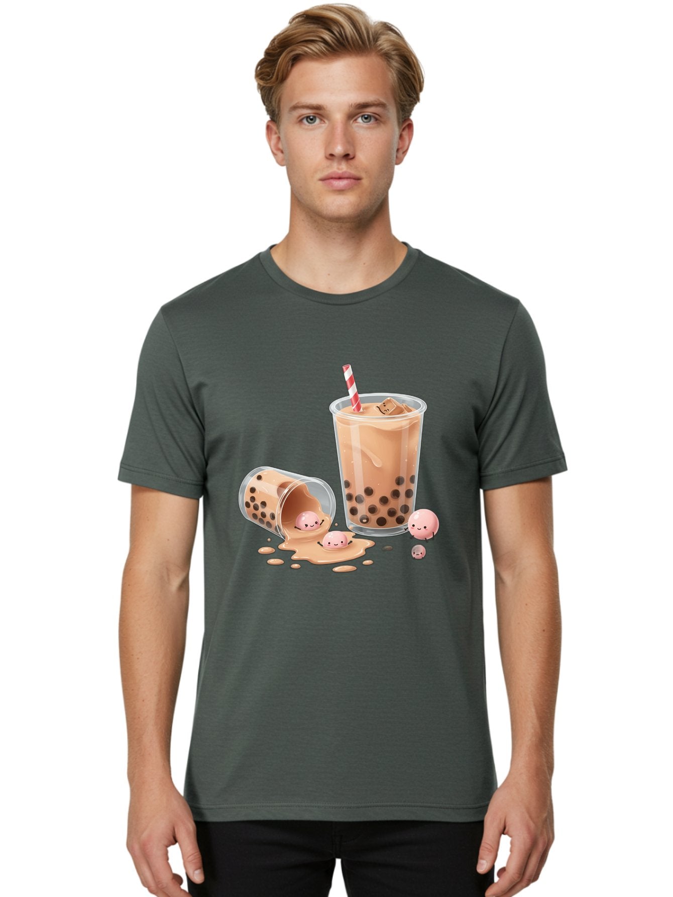 Boba-Tea-9 Men'S Graphic Tee, 100% Cotton, Comfortable Casual Summer Wear, Machine Washable, Boba Tea, Milk Tea, Bubble Tea, Tea Drink, Straw, Tapioca Pearls, Spilled Drink, Kawaii, Cute, Cartoon, Smiling Boba Bac667 30