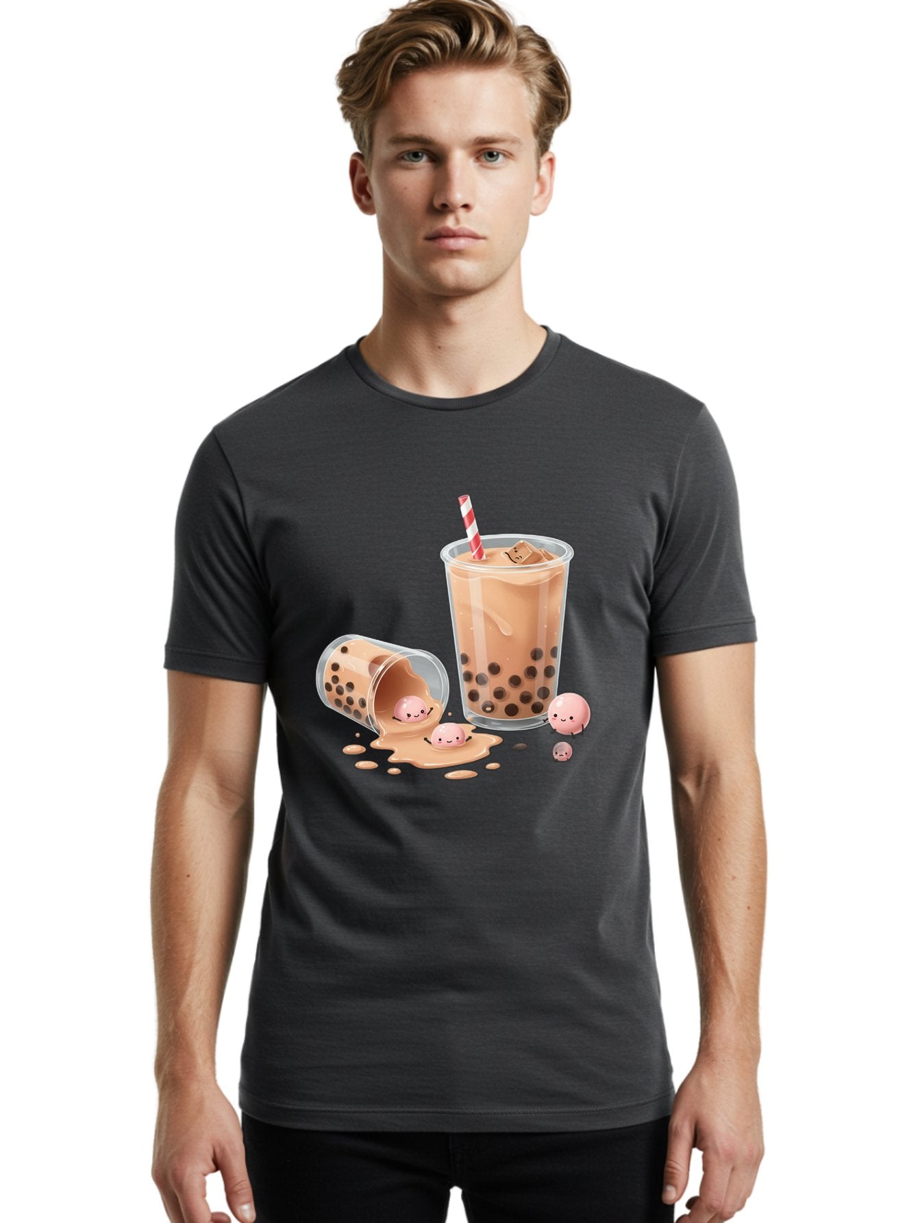 Boba-Tea-9 Men'S Graphic Tee, 100% Cotton, Comfortable Casual Summer Wear, Machine Washable, Boba Tea, Milk Tea, Bubble Tea, Tea Drink, Straw, Tapioca Pearls, Spilled Drink, Kawaii, Cute, Cartoon, Smiling Boba Bac667 25