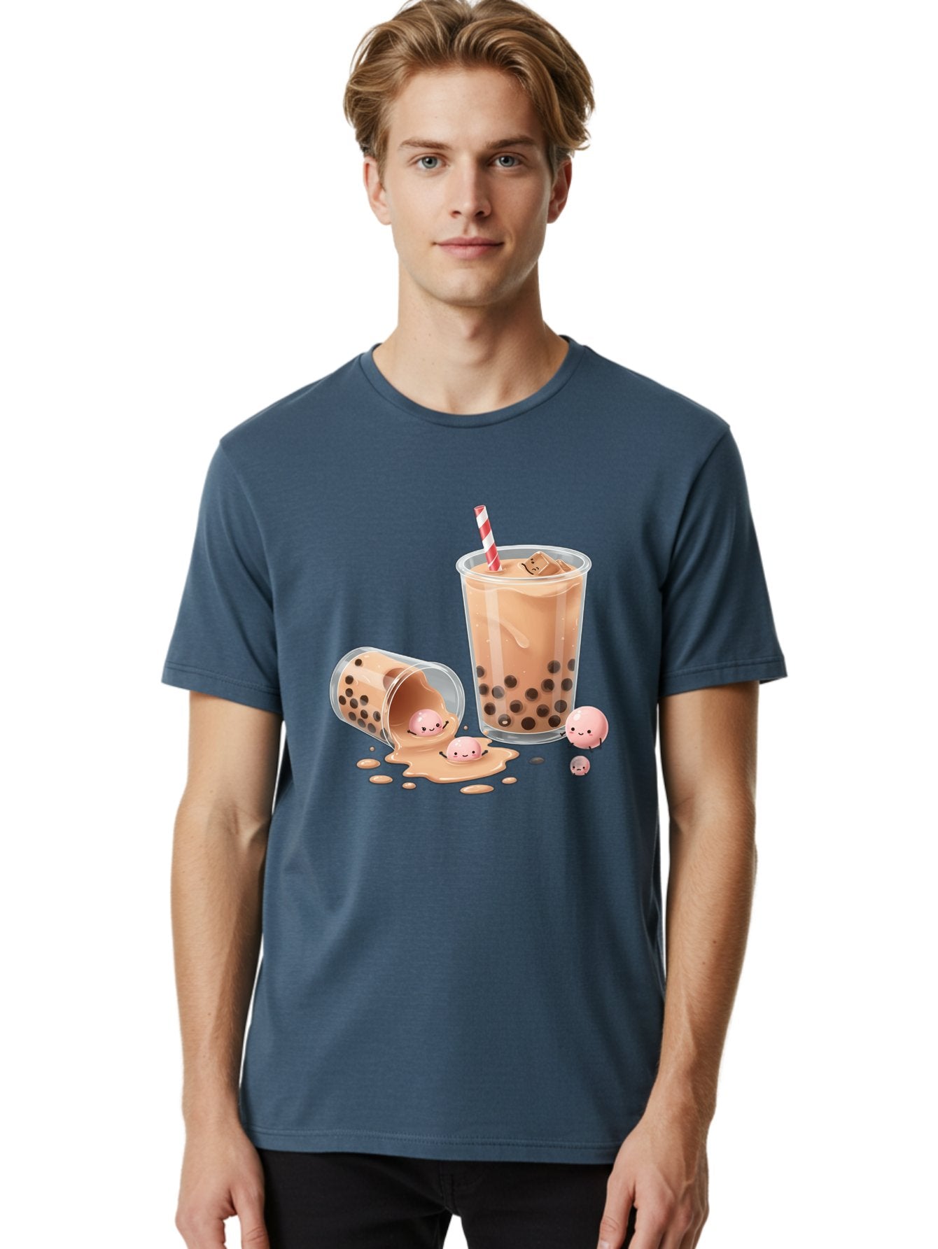 Boba-Tea-9 Men'S Graphic Tee, 100% Cotton, Comfortable Casual Summer Wear, Machine Washable, Boba Tea, Milk Tea, Bubble Tea, Tea Drink, Straw, Tapioca Pearls, Spilled Drink, Kawaii, Cute, Cartoon, Smiling Boba Bac667 16