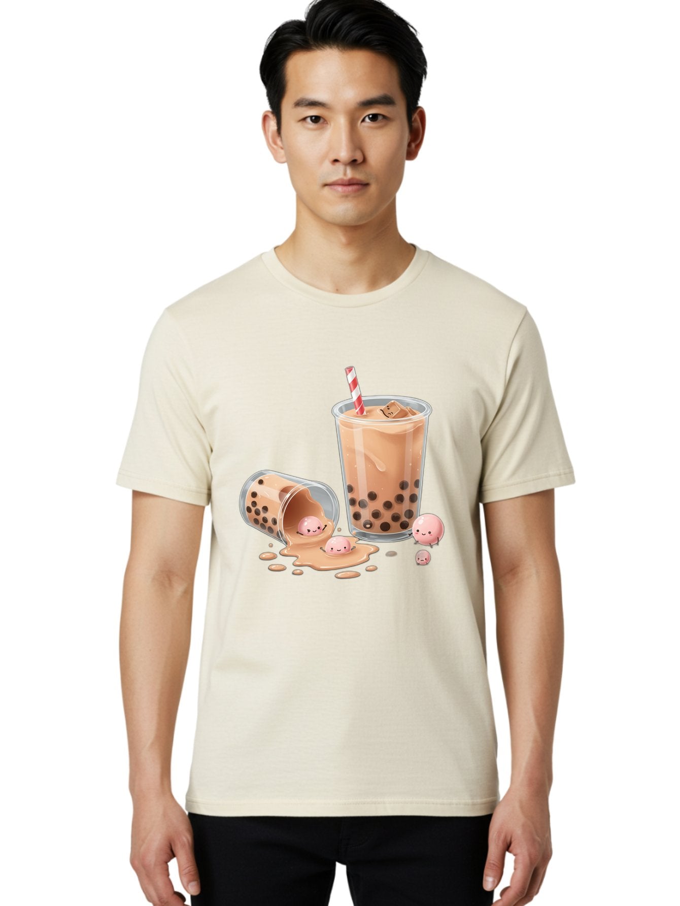Boba-Tea-9 Men'S Graphic Tee, 100% Cotton, Comfortable Casual Summer Wear, Machine Washable, Boba Tea, Milk Tea, Bubble Tea, Tea Drink, Straw, Tapioca Pearls, Spilled Drink, Kawaii, Cute, Cartoon, Smiling Boba Bac667 29