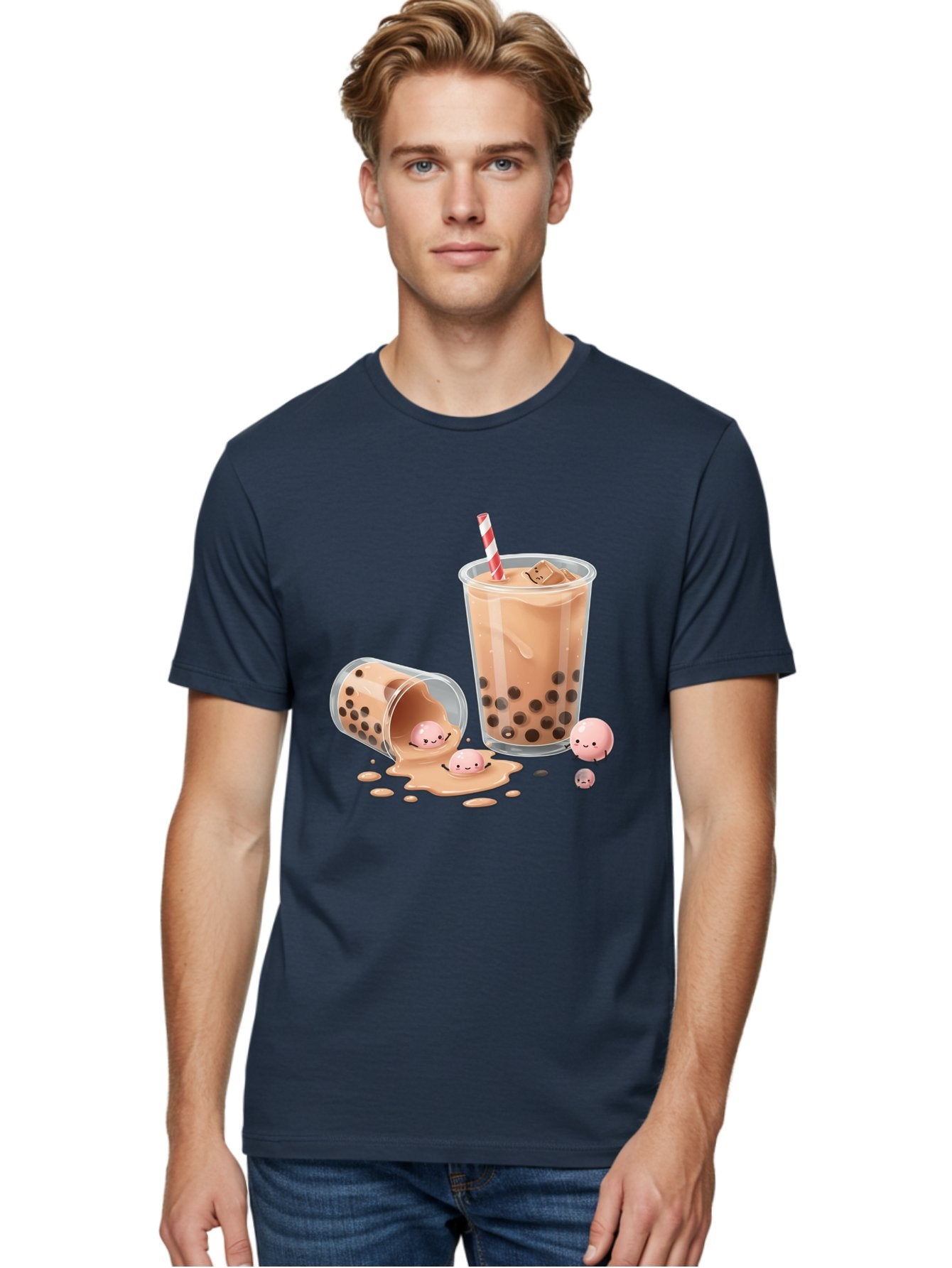 Boba-Tea-9 Men'S Graphic Tee, 100% Cotton, Comfortable Casual Summer Wear, Machine Washable, Boba Tea, Milk Tea, Bubble Tea, Tea Drink, Straw, Tapioca Pearls, Spilled Drink, Kawaii, Cute, Cartoon, Smiling Boba Bac667 17