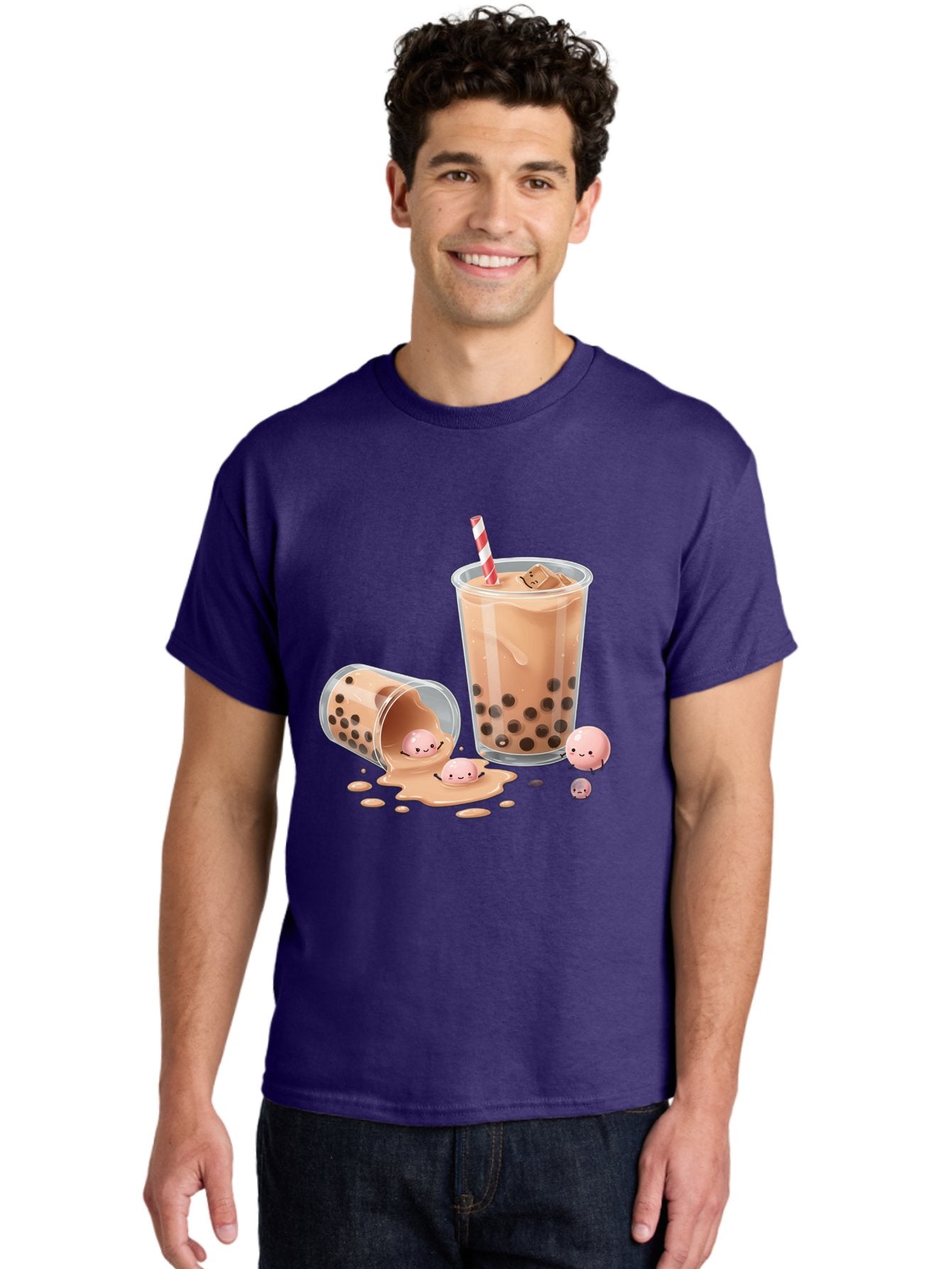 Boba-Tea-9 Men'S Graphic Tee, 100% Cotton, Comfortable Casual Summer Wear, Machine Washable, Boba Tea, Milk Tea, Bubble Tea, Tea Drink, Straw, Tapioca Pearls, Spilled Drink, Kawaii, Cute, Cartoon, Smiling Boba Bac667 23