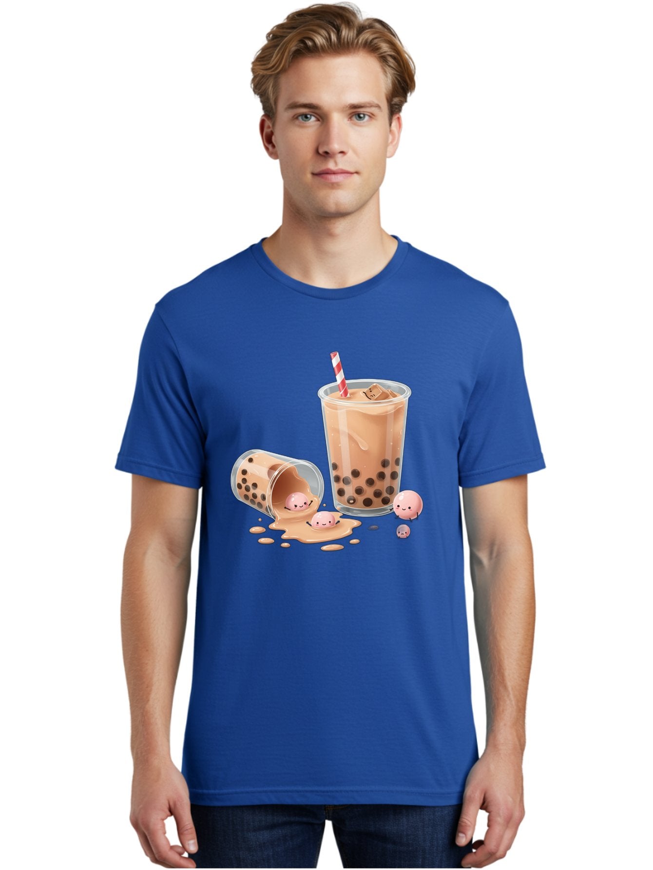 Boba-Tea-9 Men'S Graphic Tee, 100% Cotton, Comfortable Casual Summer Wear, Machine Washable, Boba Tea, Milk Tea, Bubble Tea, Tea Drink, Straw, Tapioca Pearls, Spilled Drink, Kawaii, Cute, Cartoon, Smiling Boba Bac667 21