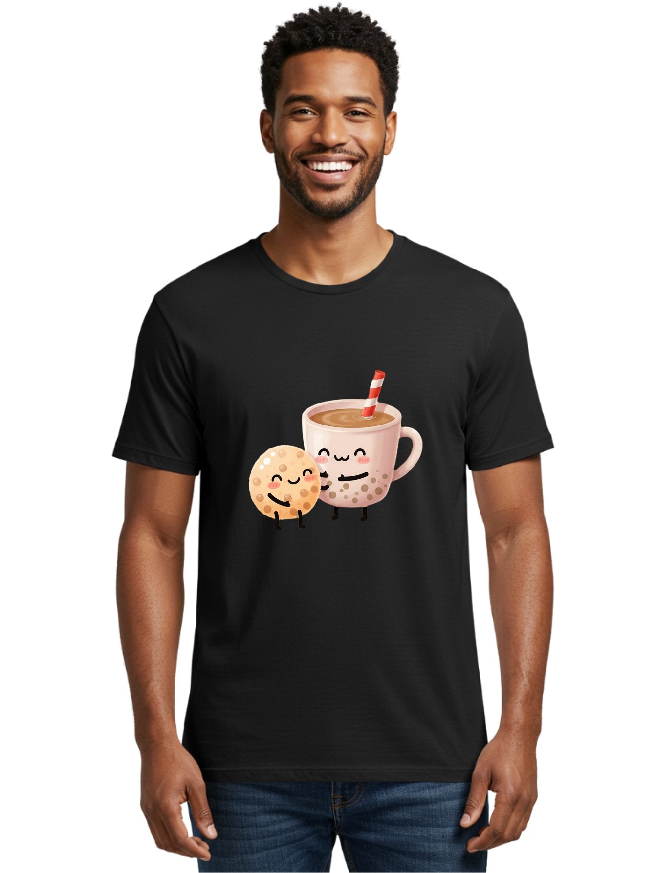Boba-Tea-Characters Men'S Graphic Tee, 100% Cotton, Comfortable Casual Summer Wear, Machine Washable, Boba Tea, Milk Tea, Bubble Tea, Cartoon Characters, Smiling Faces, Happy Faces, Tea Cup, Tapioca Pearls, Cute Illustration, Kawaii Art, Bac669 26