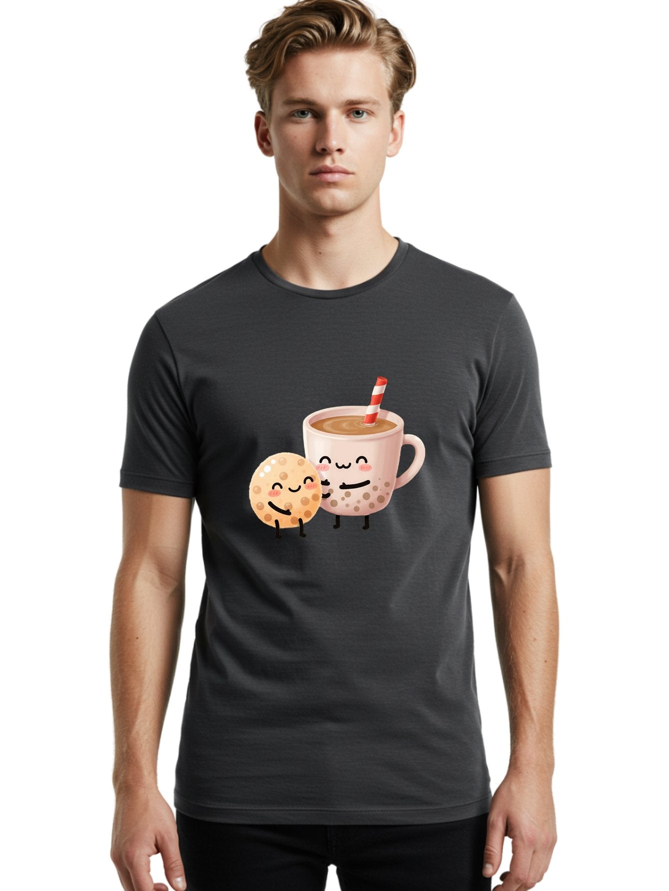 Boba-Tea-Characters Men'S Graphic Tee, 100% Cotton, Comfortable Casual Summer Wear, Machine Washable, Boba Tea, Milk Tea, Bubble Tea, Cartoon Characters, Smiling Faces, Happy Faces, Tea Cup, Tapioca Pearls, Cute Illustration, Kawaii Art, Bac669 21