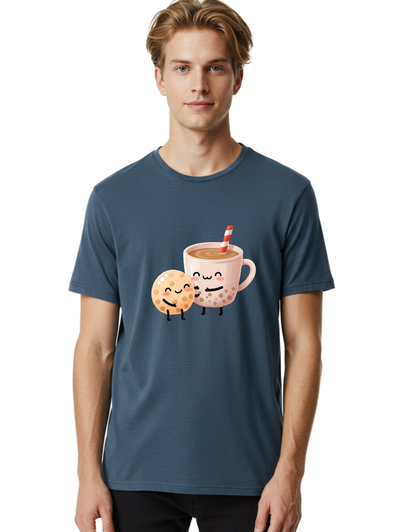 Boba-Tea-Characters Men'S Graphic Tee, 100% Cotton, Comfortable Casual Summer Wear, Machine Washable, Boba Tea, Milk Tea, Bubble Tea, Cartoon Characters, Smiling Faces, Happy Faces, Tea Cup, Tapioca Pearls, Cute Illustration, Kawaii Art, Bac669 19