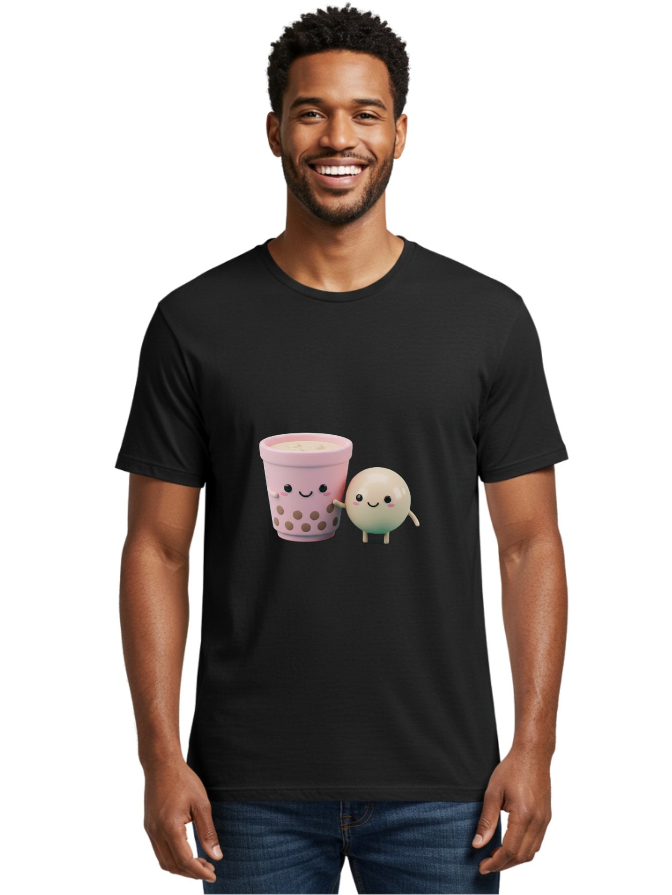 Boba-Tea-Friends Men'S Graphic Tee, 100% Cotton, Comfortable Casual Summer Wear, Machine Washable, Boba Tea, Milk Tea, Bubble Tea, Cute Cartoon Characters, Kawaii Culture, Japanese Pop Culture, Adorable Smile, Happy Face, Smiling Boba, Bac670 25