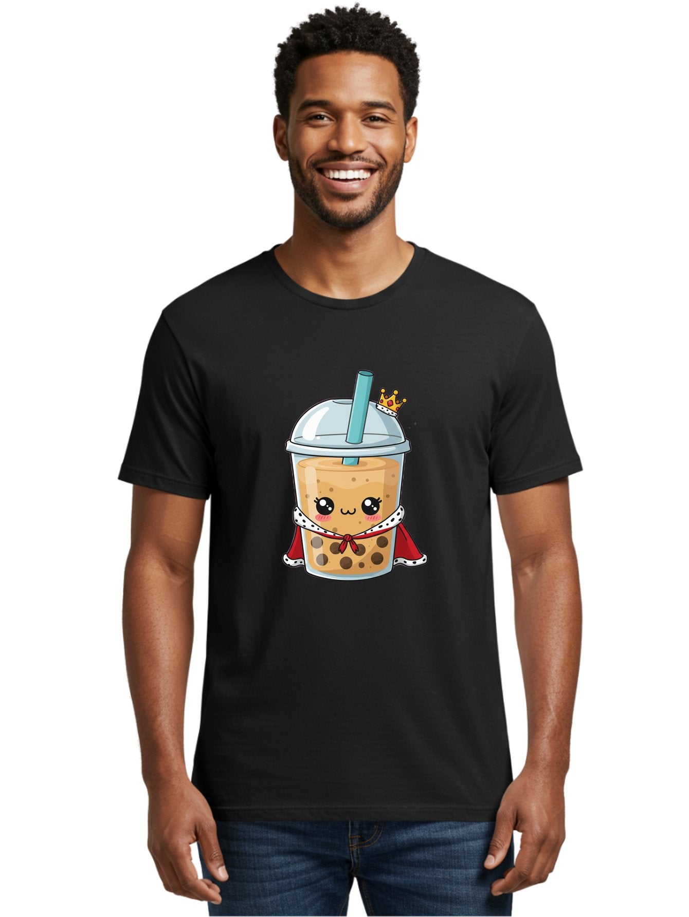 Boba-Tea-King Men'S Graphic Tee, 100% Cotton, Comfortable Casual Summer Wear, Machine Washable, Cute Boba Tea, Cartoon Character, Milk Tea, Bubble Tea, Boba Drink, Royal Crown, Red Cape, White Trim, Kawaii, Boba Lover, Tea Enthusiast Bac671 18