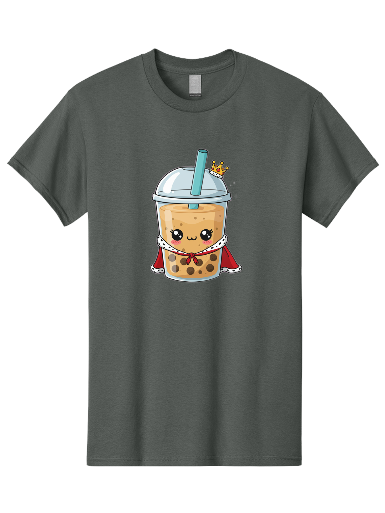 Boba-Tea-King Men'S Graphic Tee, 100% Cotton, Comfortable Casual Summer Wear, Machine Washable, Cute Boba Tea, Cartoon Character, Milk Tea, Bubble Tea, Boba Drink, Royal Crown, Red Cape, White Trim, Kawaii, Boba Lover, Tea Enthusiast Bac671 7