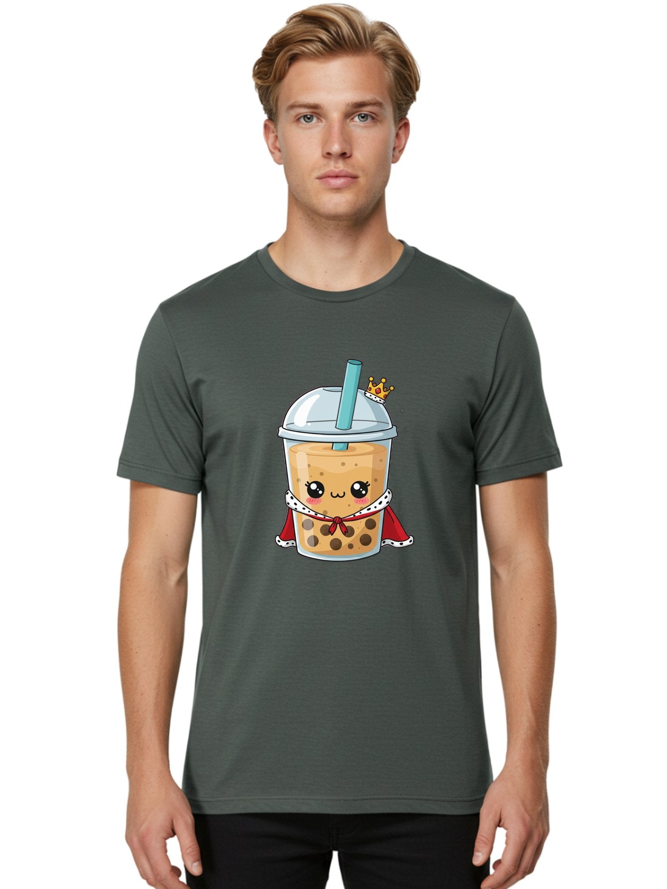 Boba-Tea-King Men'S Graphic Tee, 100% Cotton, Comfortable Casual Summer Wear, Machine Washable, Cute Boba Tea, Cartoon Character, Milk Tea, Bubble Tea, Boba Drink, Royal Crown, Red Cape, White Trim, Kawaii, Boba Lover, Tea Enthusiast Bac671 24
