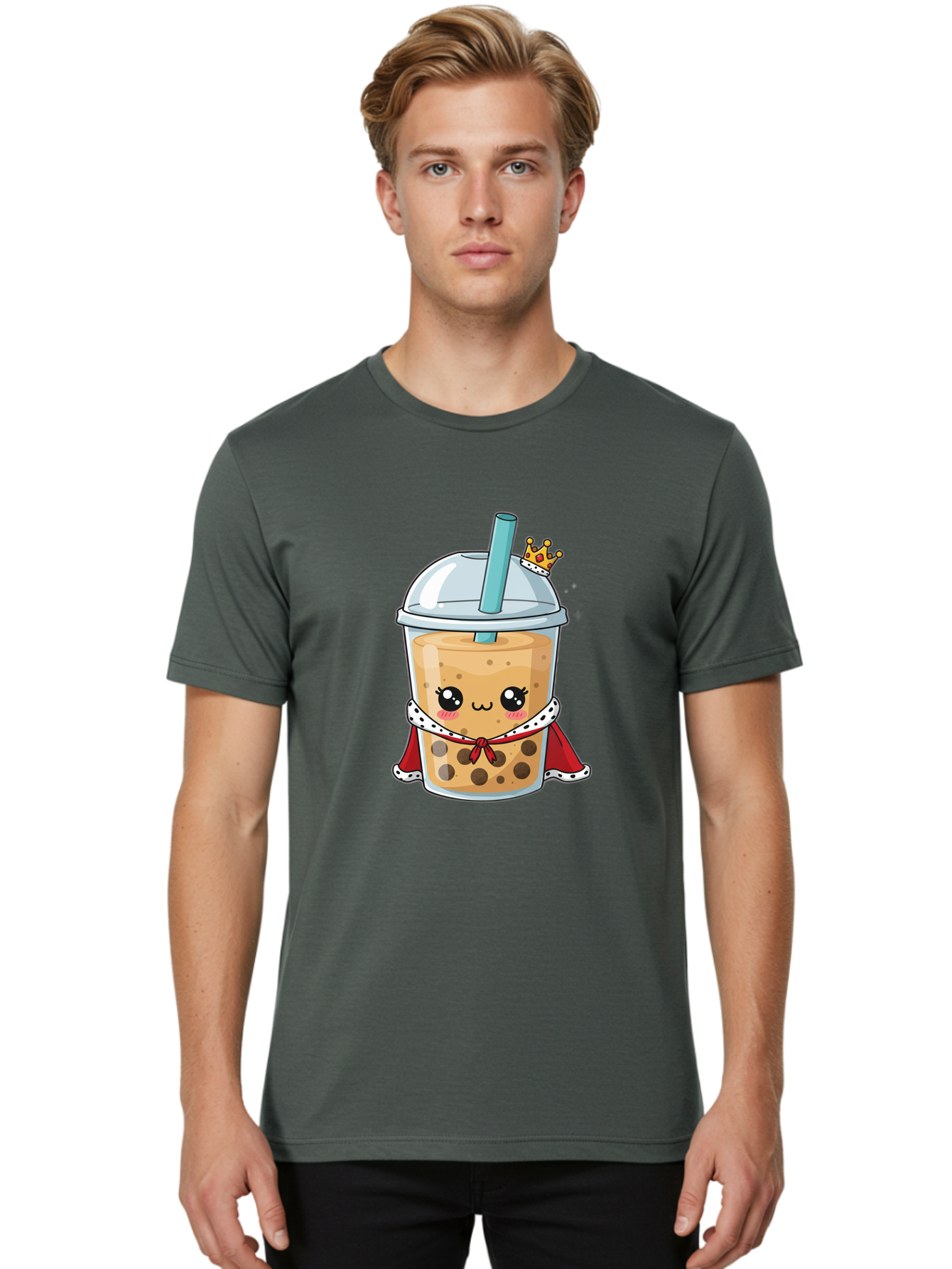 Boba-Tea-King Men'S Graphic Tee, 100% Cotton, Comfortable Casual Summer Wear, Machine Washable, Cute Boba Tea, Cartoon Character, Milk Tea, Bubble Tea, Boba Drink, Royal Crown, Red Cape, White Trim, Kawaii, Boba Lover, Tea Enthusiast Bac671 22