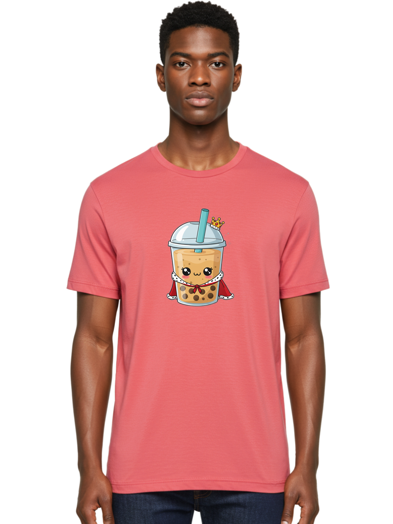 Boba-Tea-King Men'S Graphic Tee, 100% Cotton, Comfortable Casual Summer Wear, Machine Washable, Cute Boba Tea, Cartoon Character, Milk Tea, Bubble Tea, Boba Drink, Royal Crown, Red Cape, White Trim, Kawaii, Boba Lover, Tea Enthusiast Bac671 17