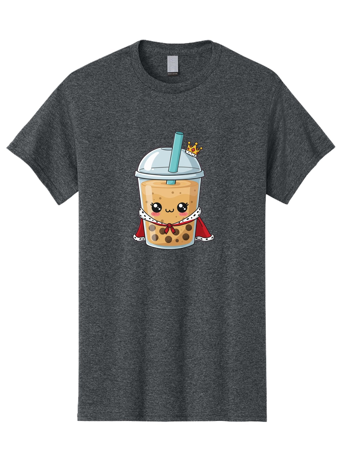 Boba-Tea-King Men'S Graphic Tee, 100% Cotton, Comfortable Casual Summer Wear, Machine Washable, Cute Boba Tea, Cartoon Character, Milk Tea, Bubble Tea, Boba Drink, Royal Crown, Red Cape, White Trim, Kawaii, Boba Lover, Tea Enthusiast Bac671