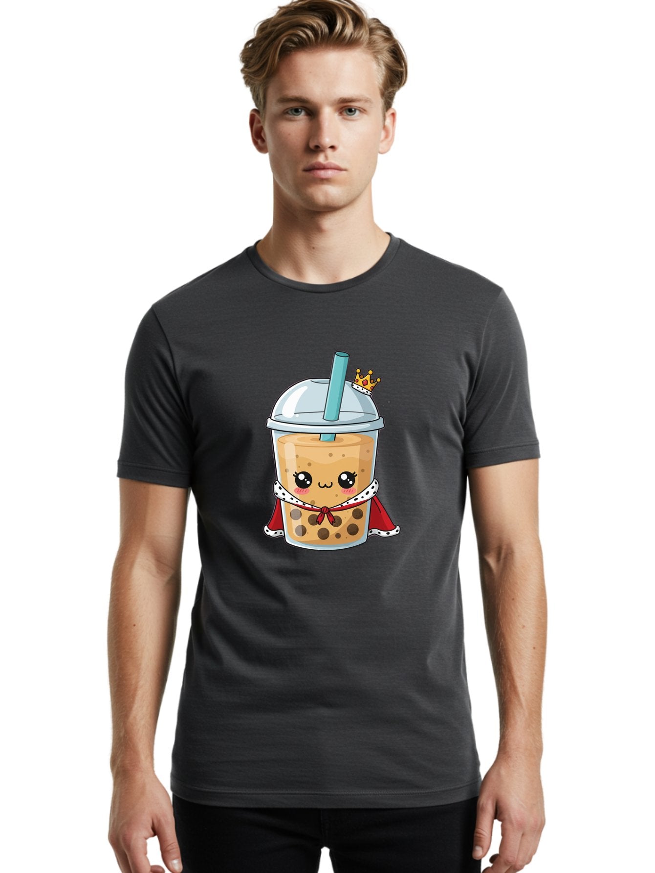 Boba-Tea-King Men'S Graphic Tee, 100% Cotton, Comfortable Casual Summer Wear, Machine Washable, Cute Boba Tea, Cartoon Character, Milk Tea, Bubble Tea, Boba Drink, Royal Crown, Red Cape, White Trim, Kawaii, Boba Lover, Tea Enthusiast Bac671 21