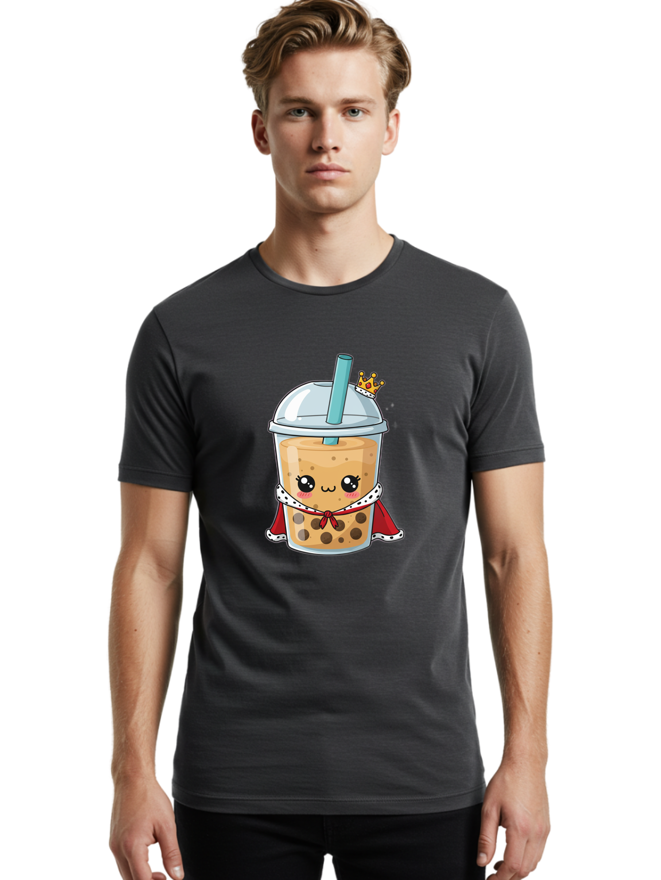 Boba-Tea-King Men'S Graphic Tee, 100% Cotton, Comfortable Casual Summer Wear, Machine Washable, Cute Boba Tea, Cartoon Character, Milk Tea, Bubble Tea, Boba Drink, Royal Crown, Red Cape, White Trim, Kawaii, Boba Lover, Tea Enthusiast Bac671 25
