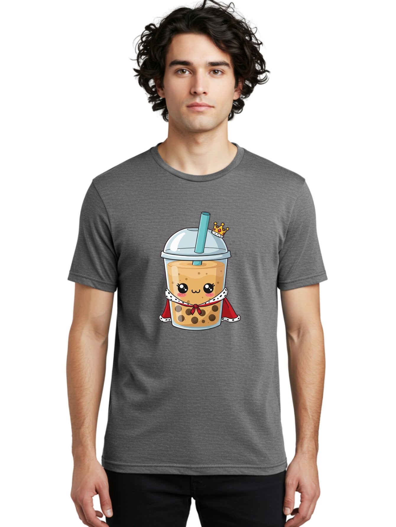 Boba-Tea-King Men'S Graphic Tee, 100% Cotton, Comfortable Casual Summer Wear, Machine Washable, Cute Boba Tea, Cartoon Character, Milk Tea, Bubble Tea, Boba Drink, Royal Crown, Red Cape, White Trim, Kawaii, Boba Lover, Tea Enthusiast Bac671 26